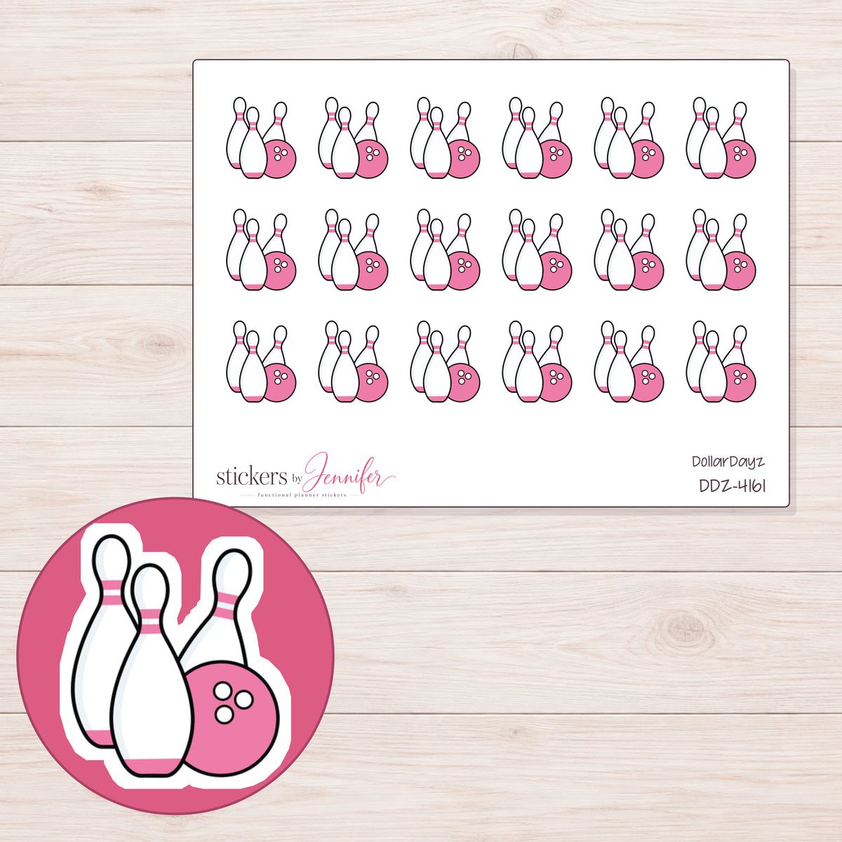 Pink Bowling Ball and Pins Planner Stickers | DDZ-4161 — 4 × 3 inch sheet and enlarged sticker detail