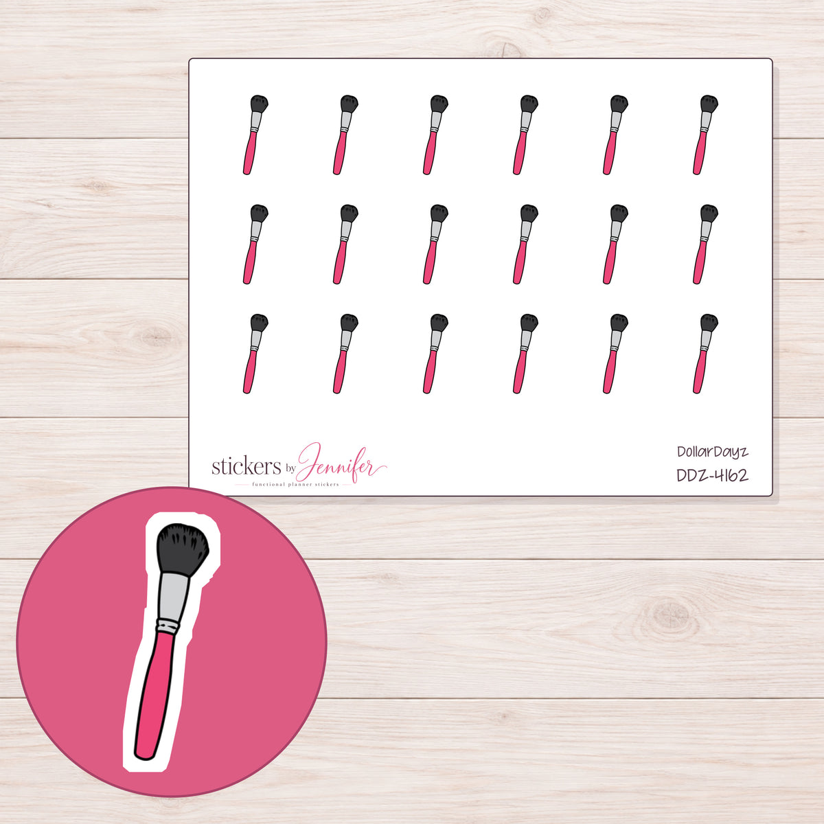 Pink Makeup Brush Planner Stickers | DDZ-4162 — 4 × 3 inch sheet and enlarged sticker detail