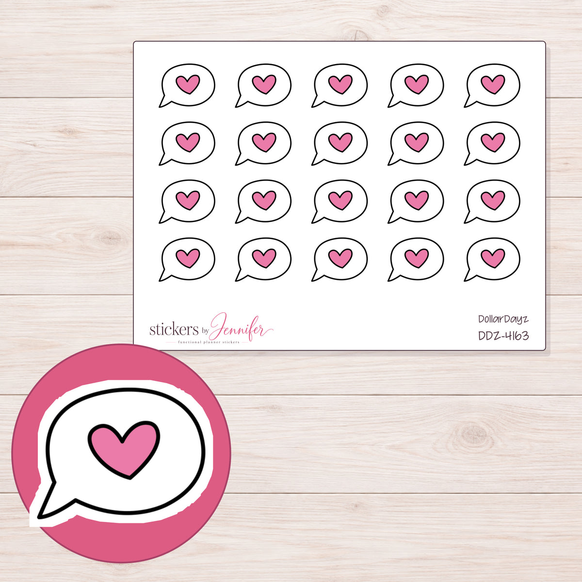 Pink Heart Speech Bubble Planner Stickers | DDZ-4163 — 4 × 3 inch sheet and enlarged sticker detail