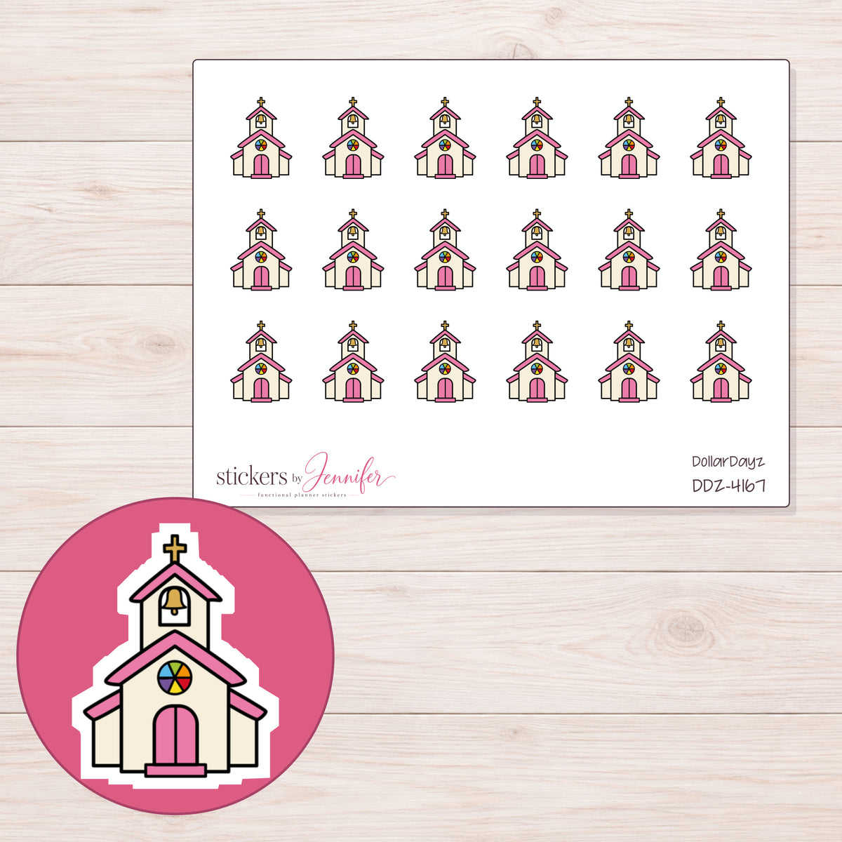 Pink Roof Church Planner Stickers | DDZ-4167 — 4 × 3 inch sheet and enlarged sticker detail