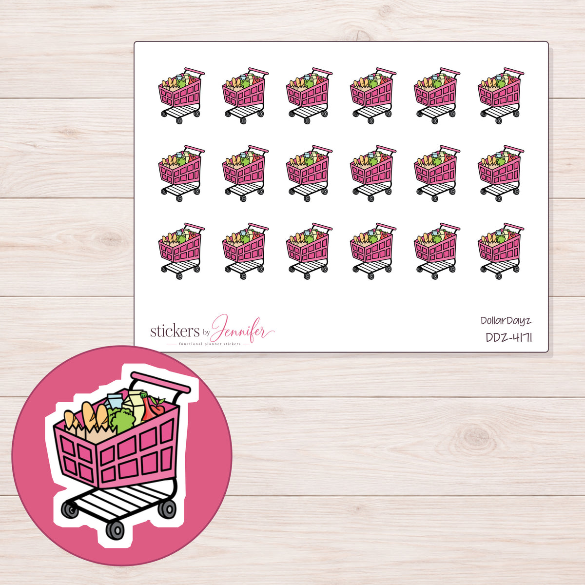 Pink Grocery Cart Planner Stickers | DDZ-4171 — 4 × 3 inch sheet and enlarged sticker detail