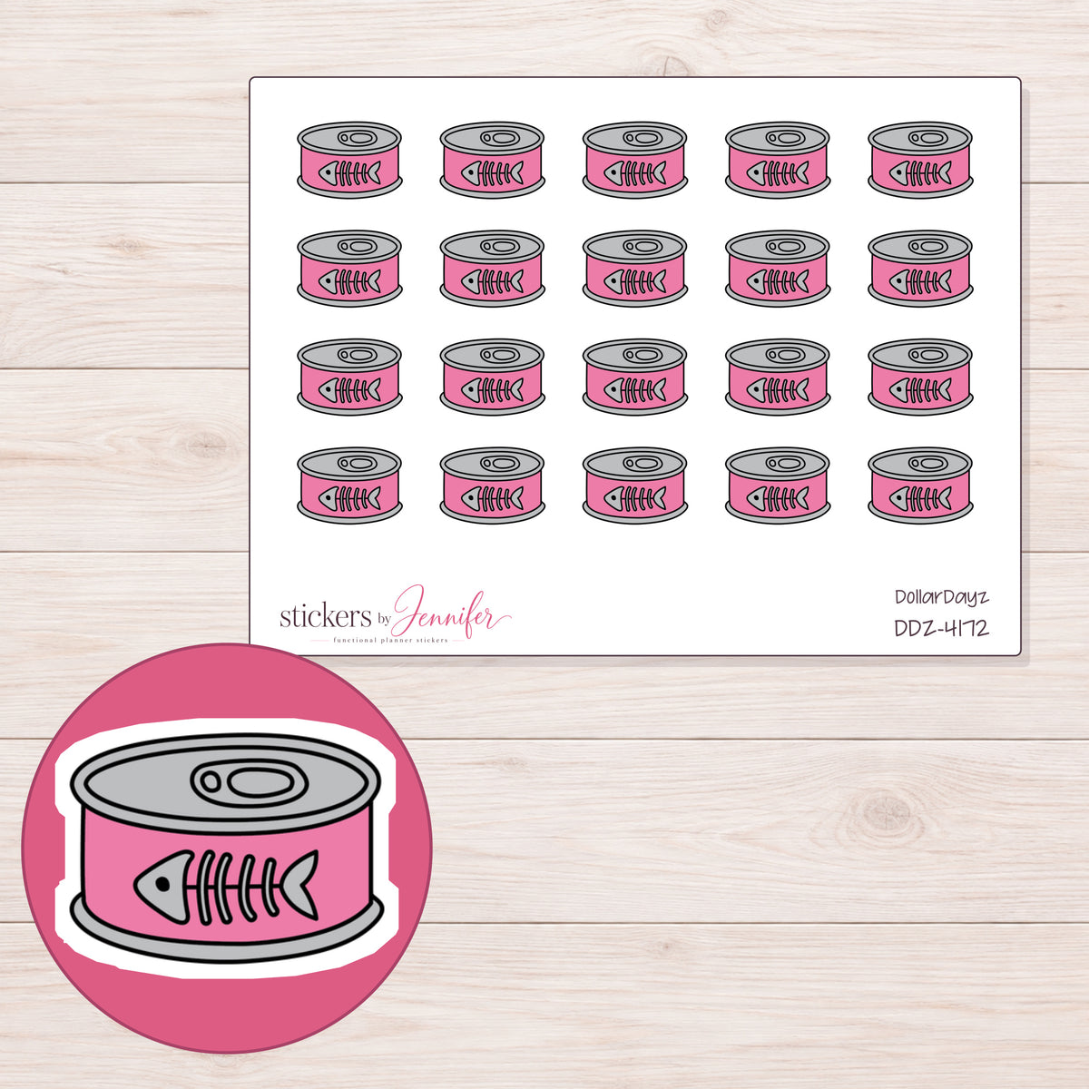 Pink Cat Food Tin Planner Stickers | DDZ-4172 — 4 × 3 inch sheet and enlarged sticker detail
