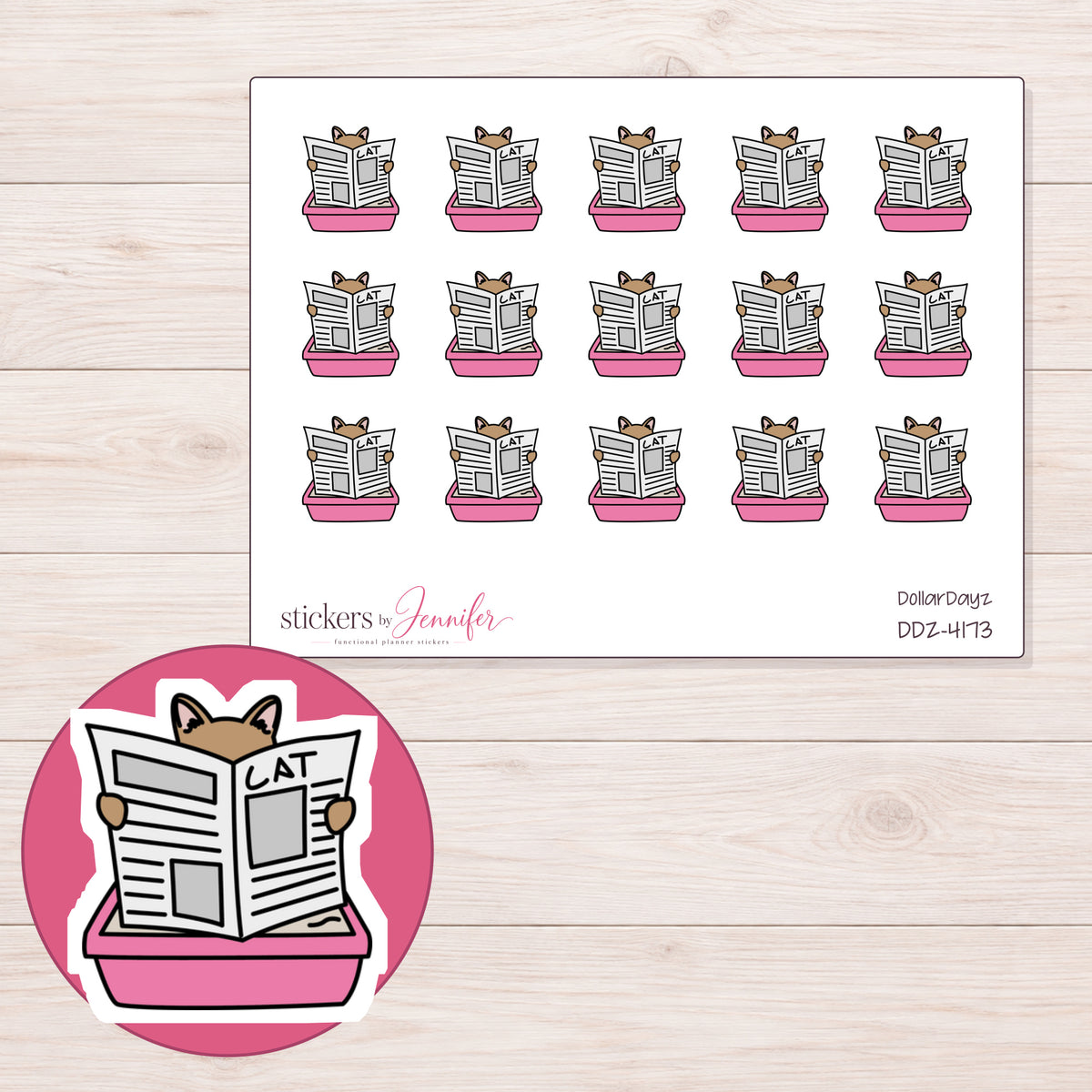 Cat in Pink Litter Tray Planner Stickers | DDZ-4173 — 4 × 3 inch sheet and enlarged sticker detail