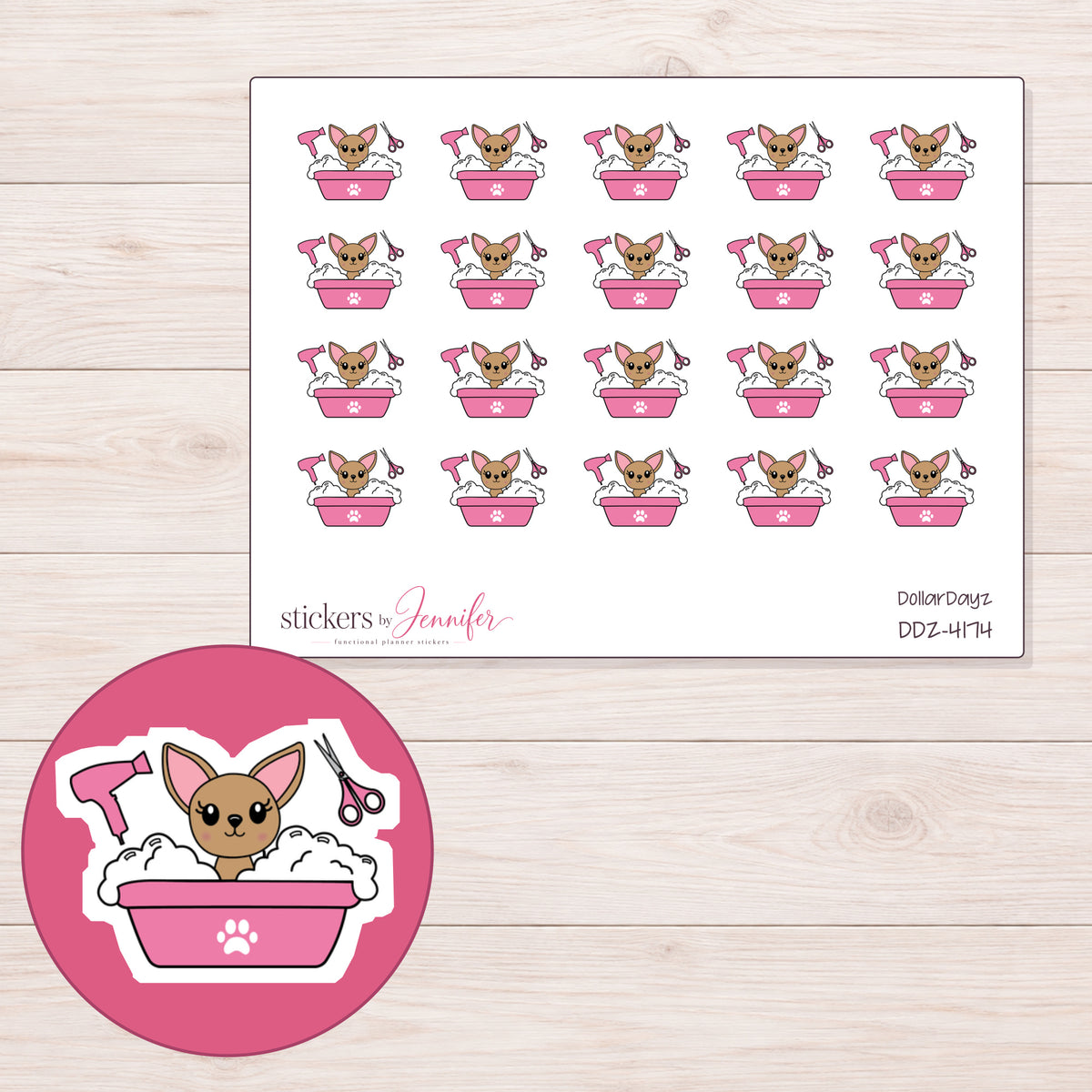 Chihuahua in Pink Grooming Tub Planner Stickers | DDZ-4174 — 4 × 3 inch sheet and enlarged sticker detail