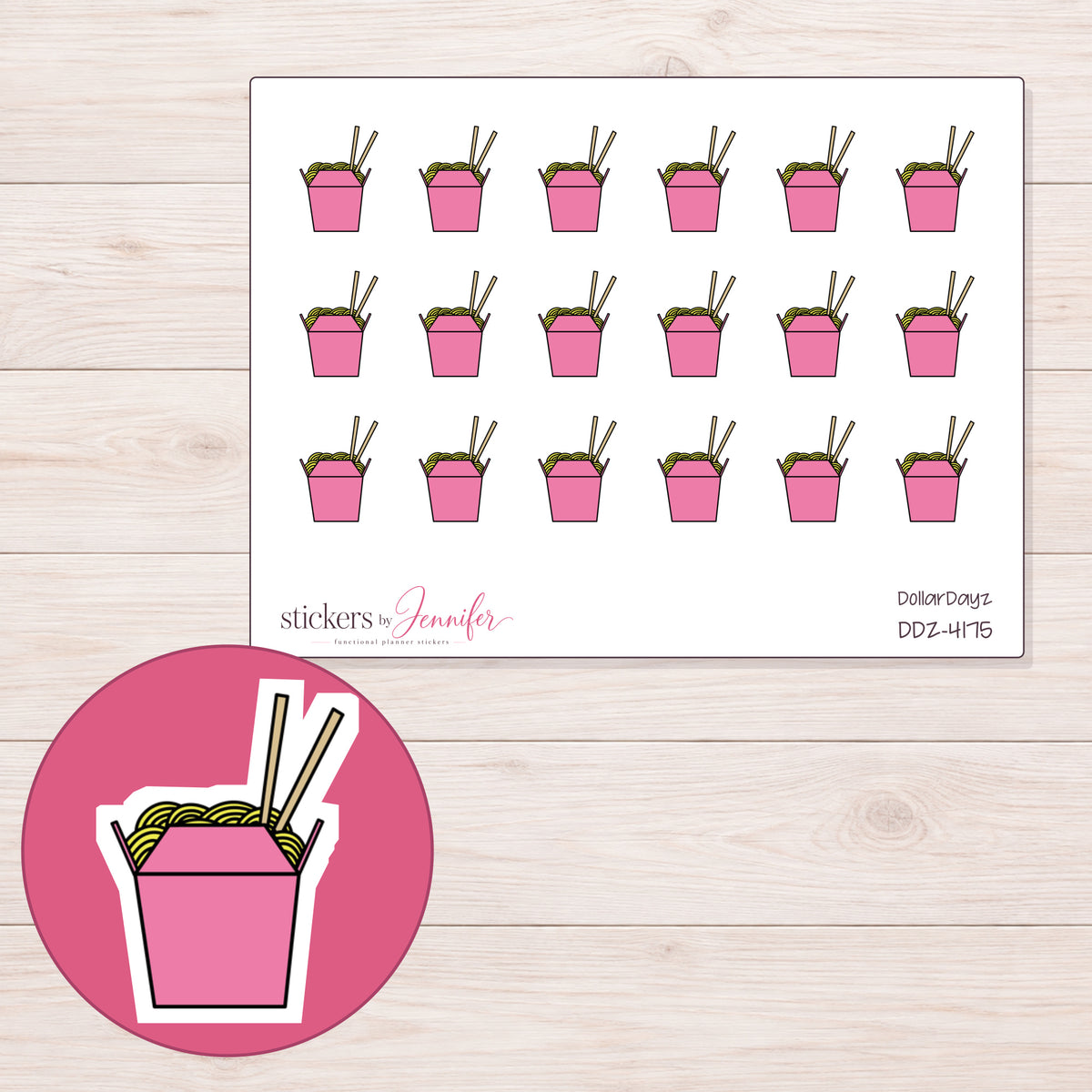 Pink Noodle Takeout Box Planner Stickers | DDZ-4175 — 4 × 3 inch sheet and enlarged sticker detail