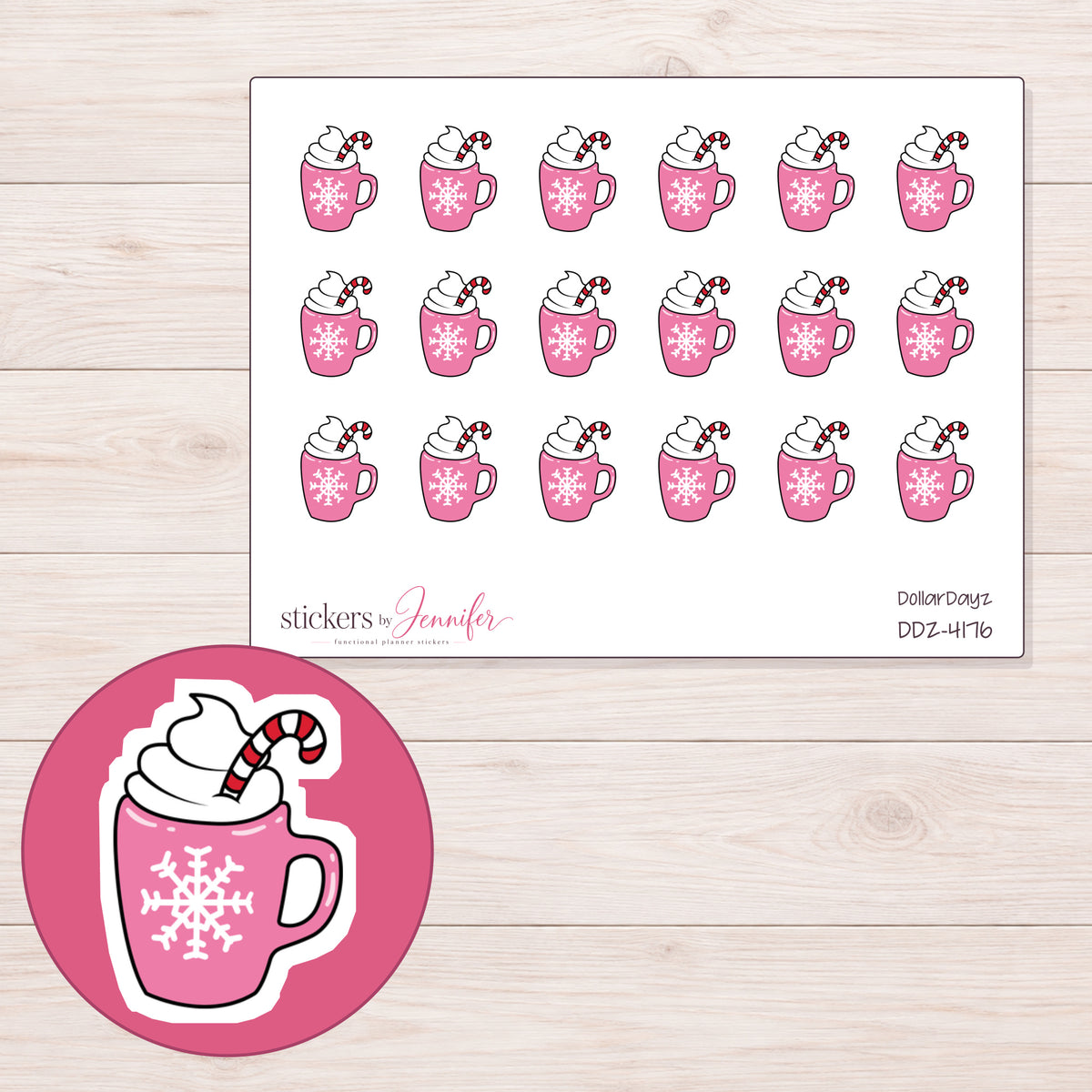 Pink Snowflake Cocoa Mug Planner Stickers | DDZ-4176 — 4 × 3 inch sheet and enlarged sticker detail