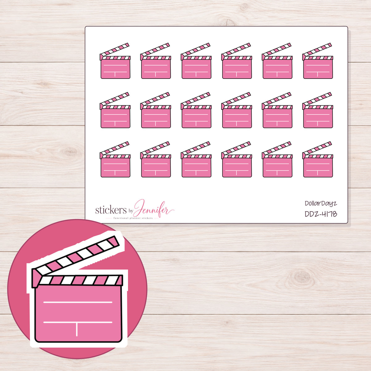 Pink Clapperboard Planner Stickers | DDZ-4178 — 4 × 3 inch sheet and enlarged sticker detail