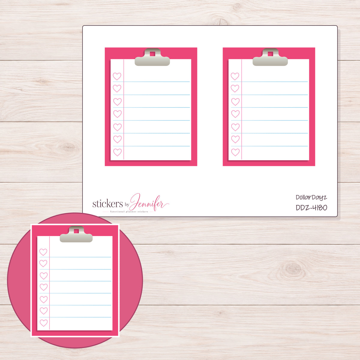 Pink Clipboard Checklist Planner Stickers | DDZ-4180 — 4 × 3 inch sheet and enlarged sticker detail