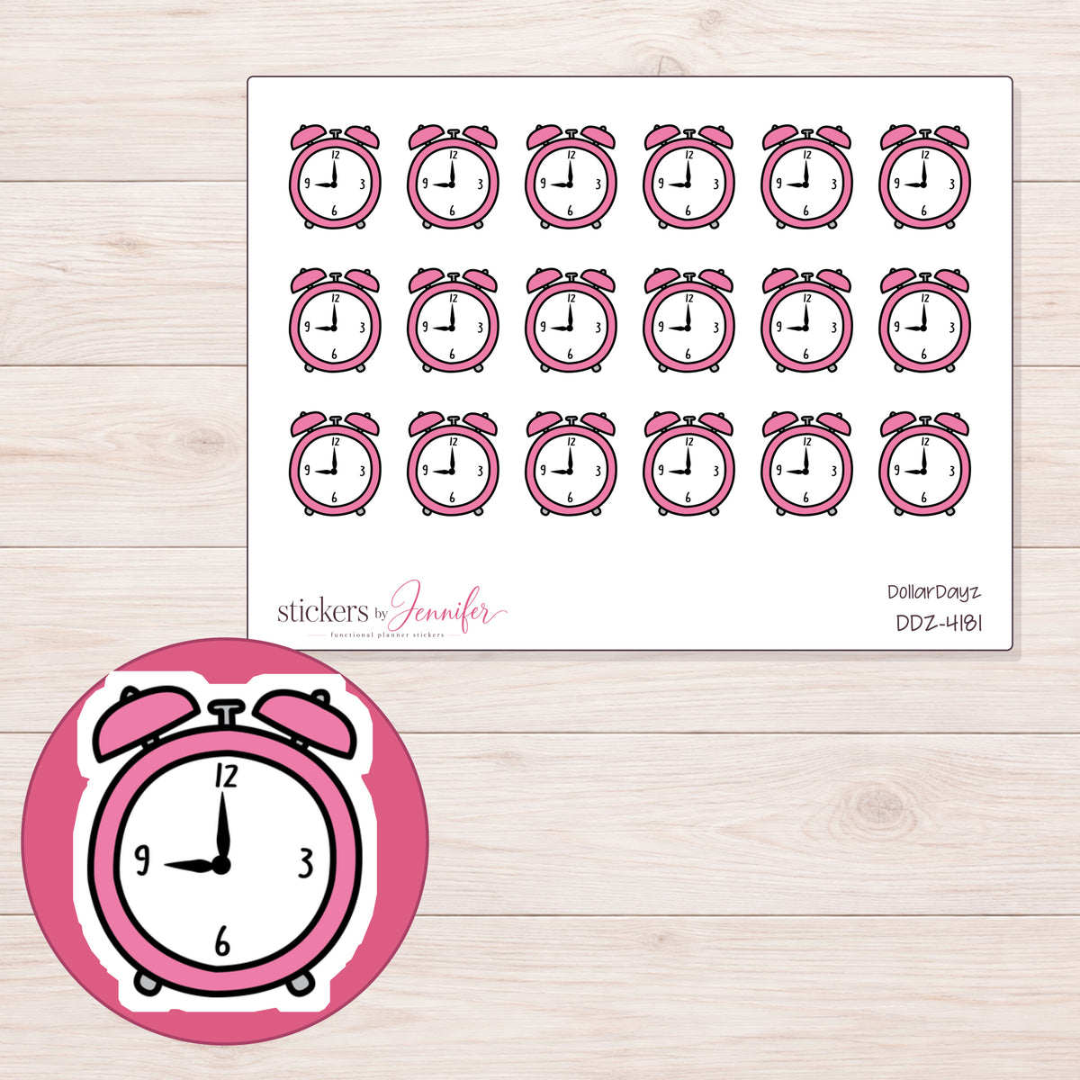 Pink Alarm Clock Planner Stickers | DDZ-4181 — 4 × 3 inch sheet and enlarged sticker detail