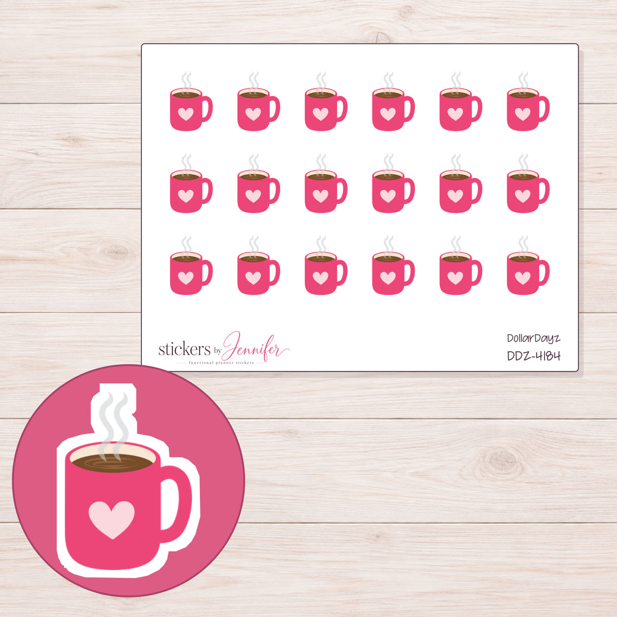 Pink Heart Coffee Mug Planner Stickers | DDZ-4184 — 4 × 3 inch sheet and enlarged sticker detail