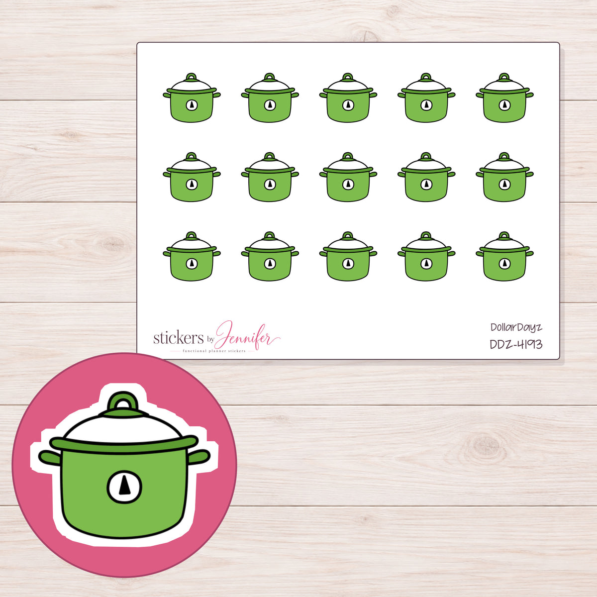 Green Slow Cooker Planner Stickers | DDZ-4193 — 4 × 3 inch sheet and enlarged sticker detail