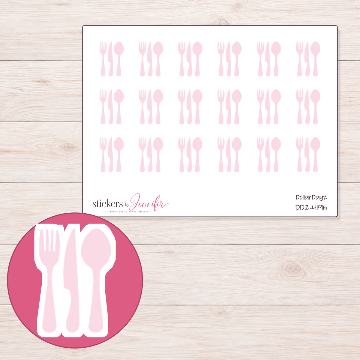 Pale Pink Fork and Spoon Planner Stickers | DDZ-4196 — 4 × 3 inch sheet and enlarged sticker detail