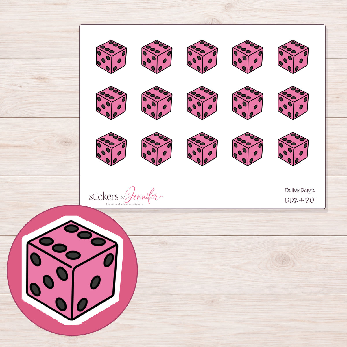 Pink Dice Planner Stickers | DDZ-4201 — 4 × 3 inch sheet and enlarged sticker detail