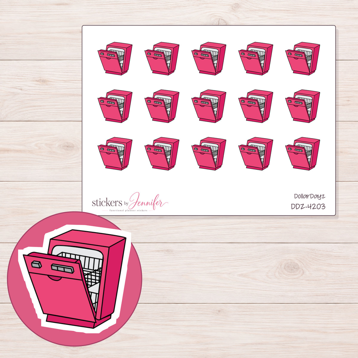 Pink Dishwasher Planner Stickers | DDZ-4203 — 4 × 3 inch sheet and enlarged sticker detail
