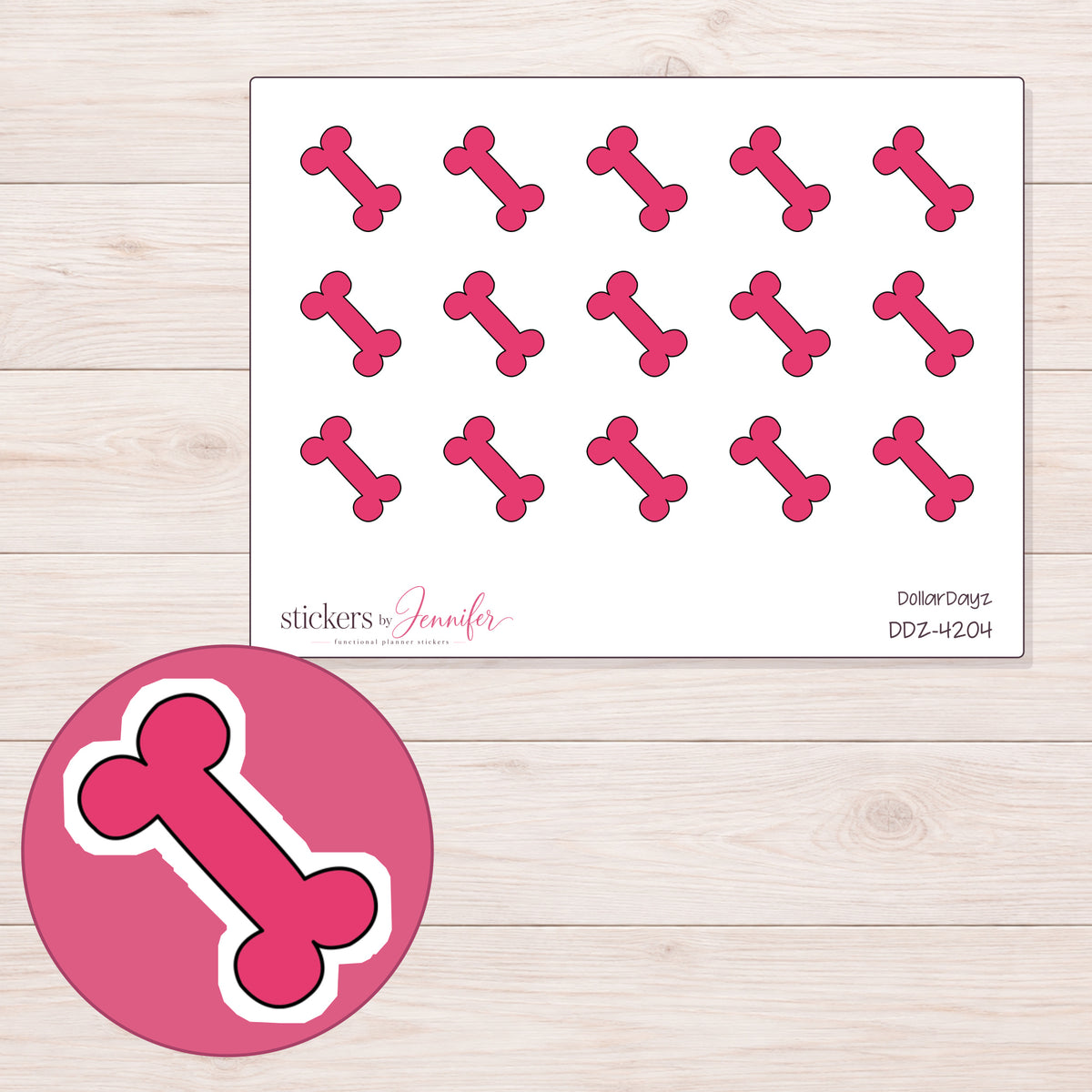Pink Dog Bone Planner Stickers | DDZ-4204 — 4 × 3 inch sheet and enlarged sticker detail