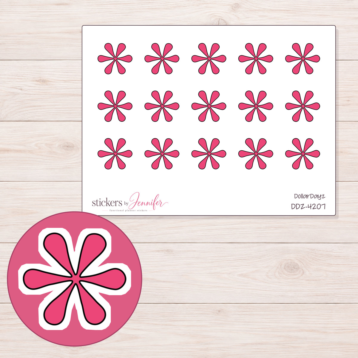 Pink Doodle Asterisk Planner Stickers | DDZ-4207 — 4 × 3 inch sheet and enlarged sticker detail