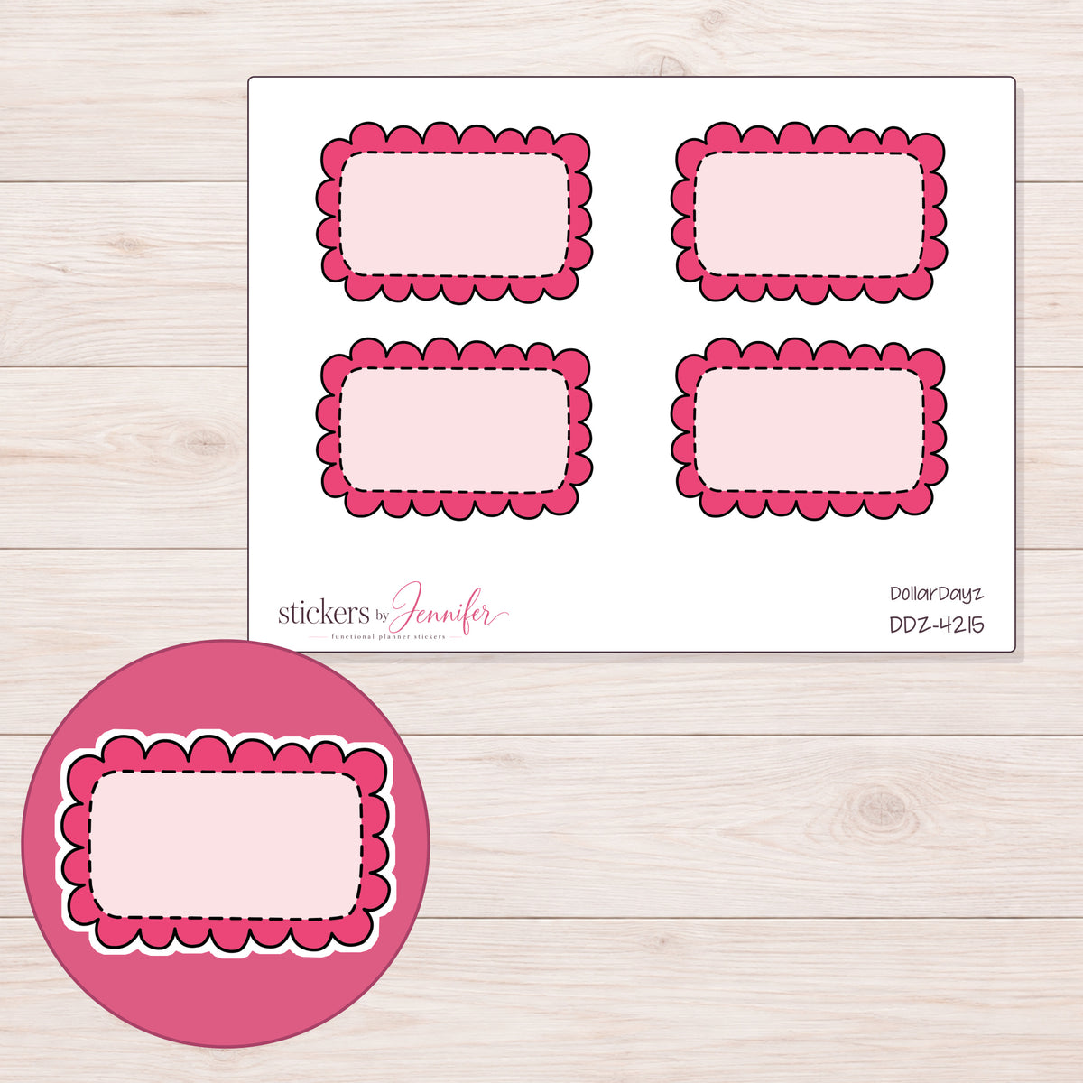 Pink Doodle Scallop Half Box Planner Stickers | DDZ-4215 — 4 × 3 inch sheet and enlarged sticker detail