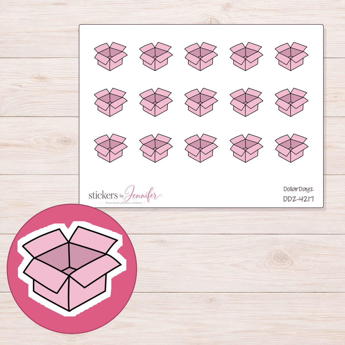Pink Open Shipping Box Planner Stickers | DDZ-4217 — 4 × 3 inch sheet and enlarged sticker detail