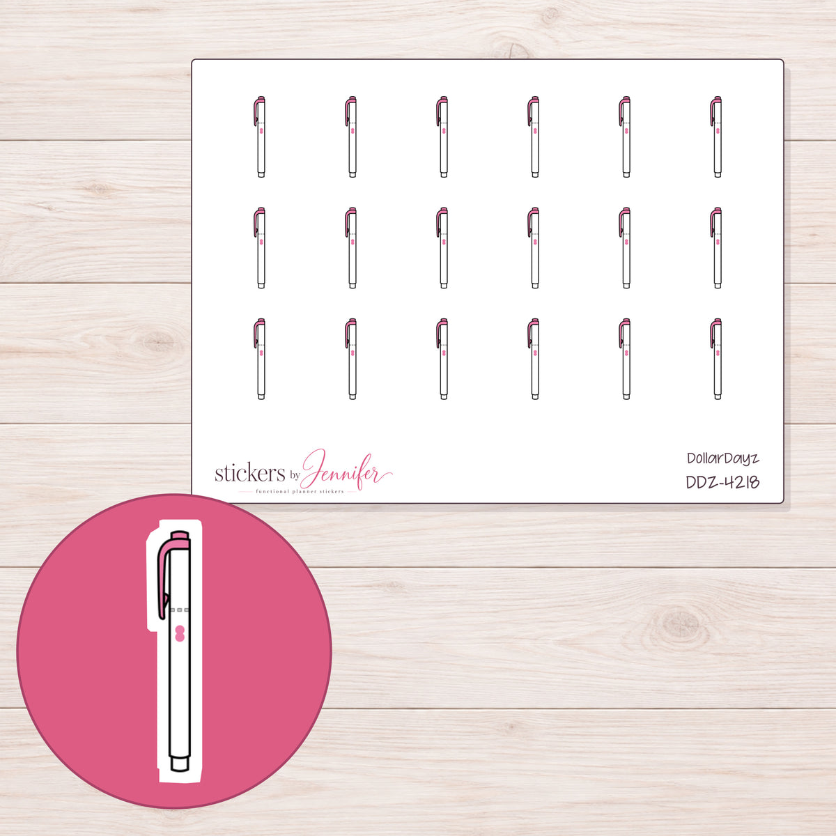 Pink Capped Highlighter Planner Stickers | DDZ-4218 — 4 × 3 inch sheet and enlarged sticker detail
