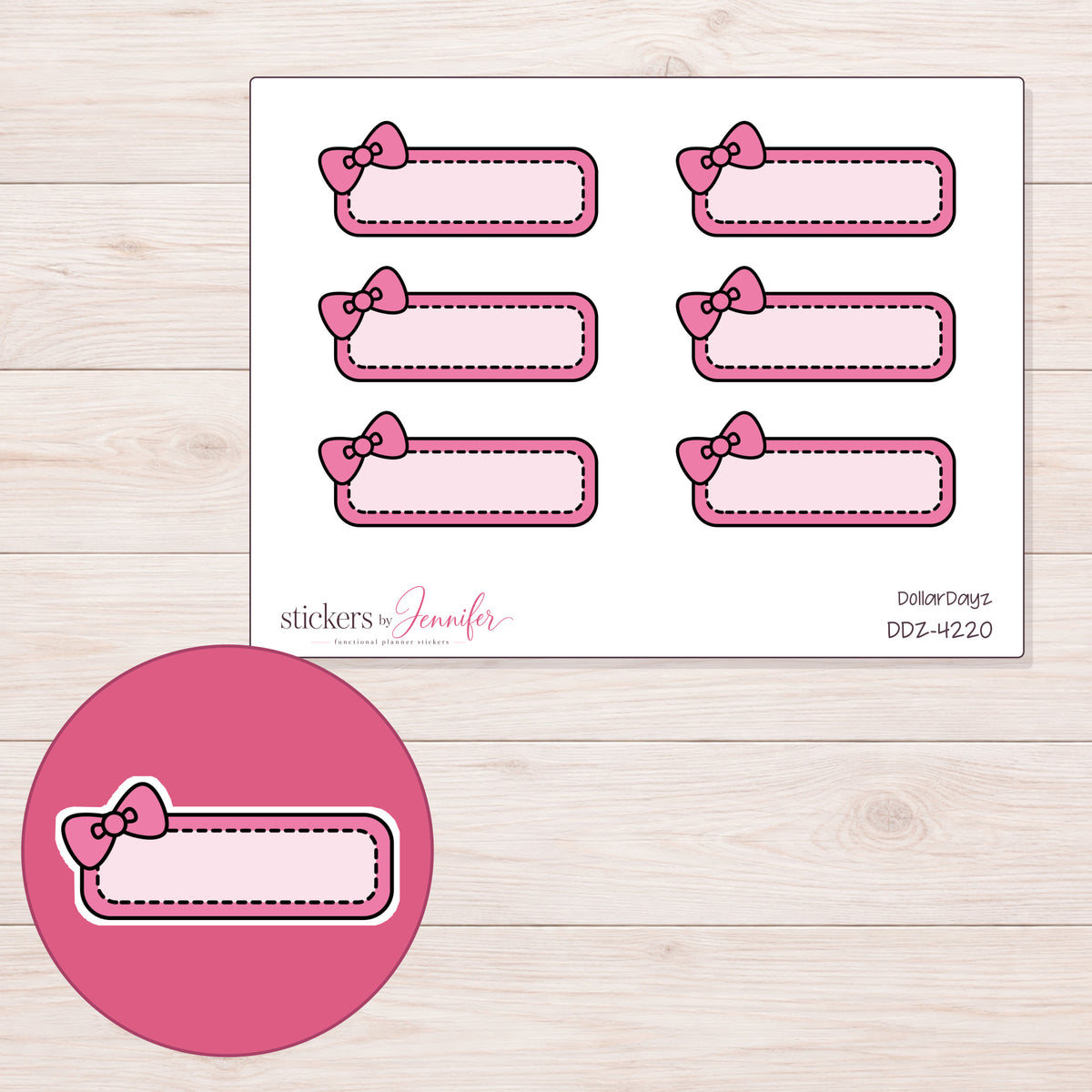 Pink Bow Quarter Box Label Planner Stickers | DDZ-4220 — 4 × 3 inch sheet and enlarged sticker detail