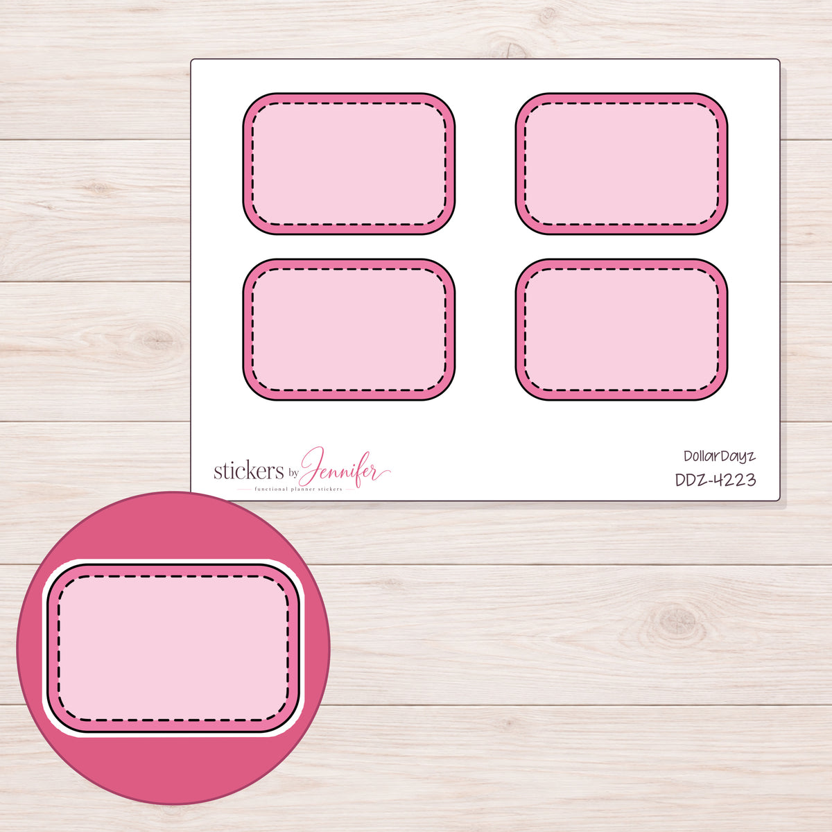 Pink Stitched Half Box Label Planner Stickers | DDZ-4223 — 4 × 3 inch sheet and enlarged sticker detail