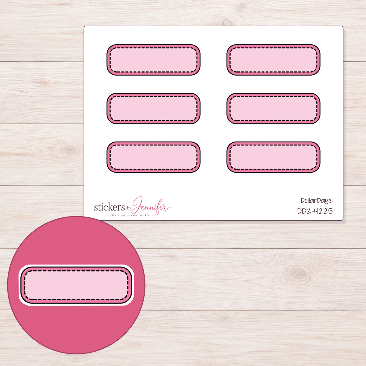 Pink Stitched Quarter Box Label Planner Stickers | DDZ-4225 — 4 × 3 inch sheet and enlarged sticker detail