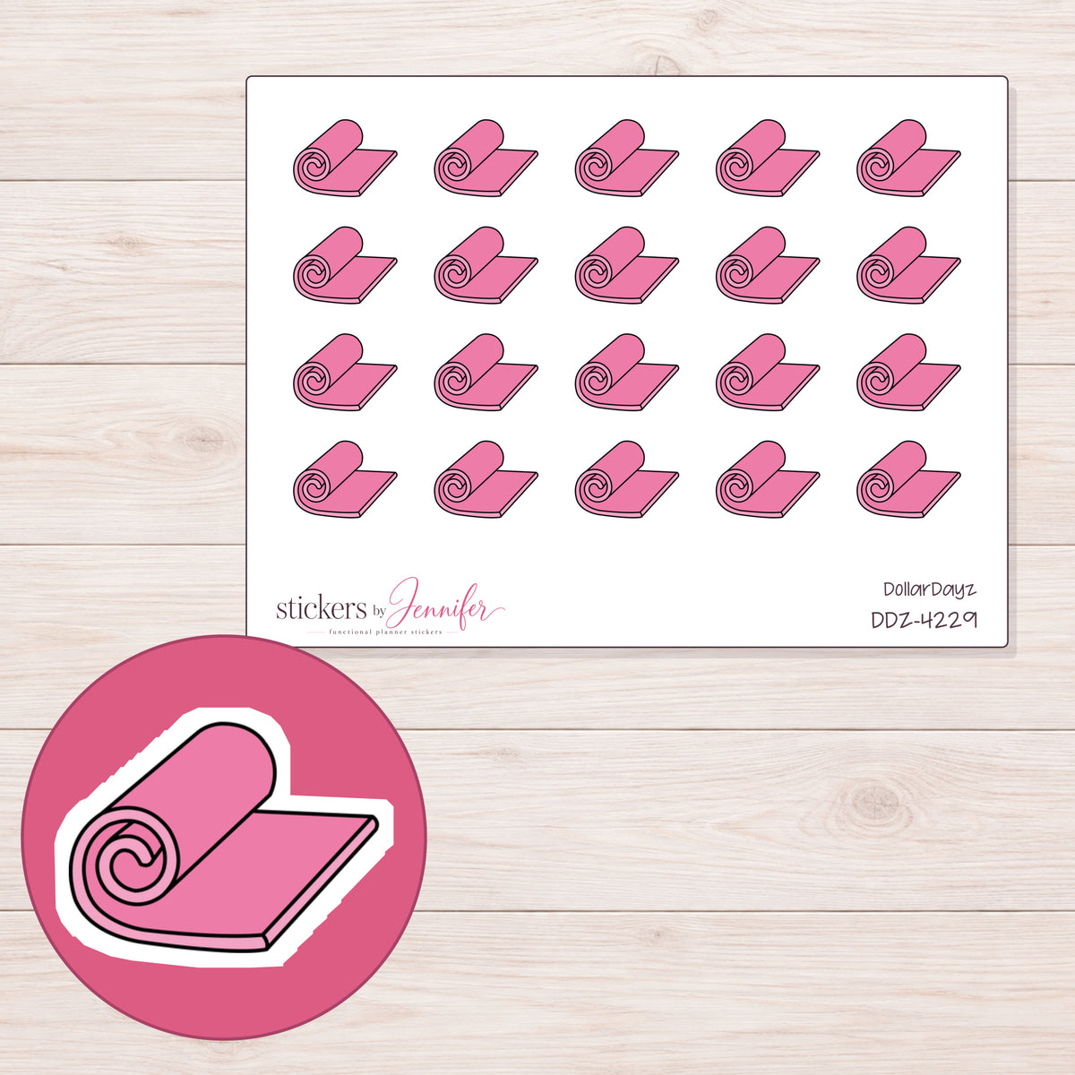 Pink Rolled Yoga Mat Planner Stickers | DDZ-4229 — 4 × 3 inch sheet and enlarged sticker detail