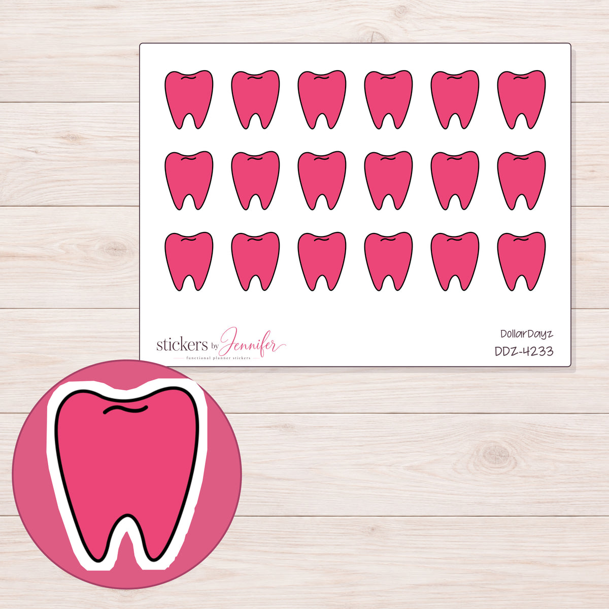 Pink Tooth Planner Stickers | DDZ-4233 — 4 × 3 inch sheet and enlarged sticker detail