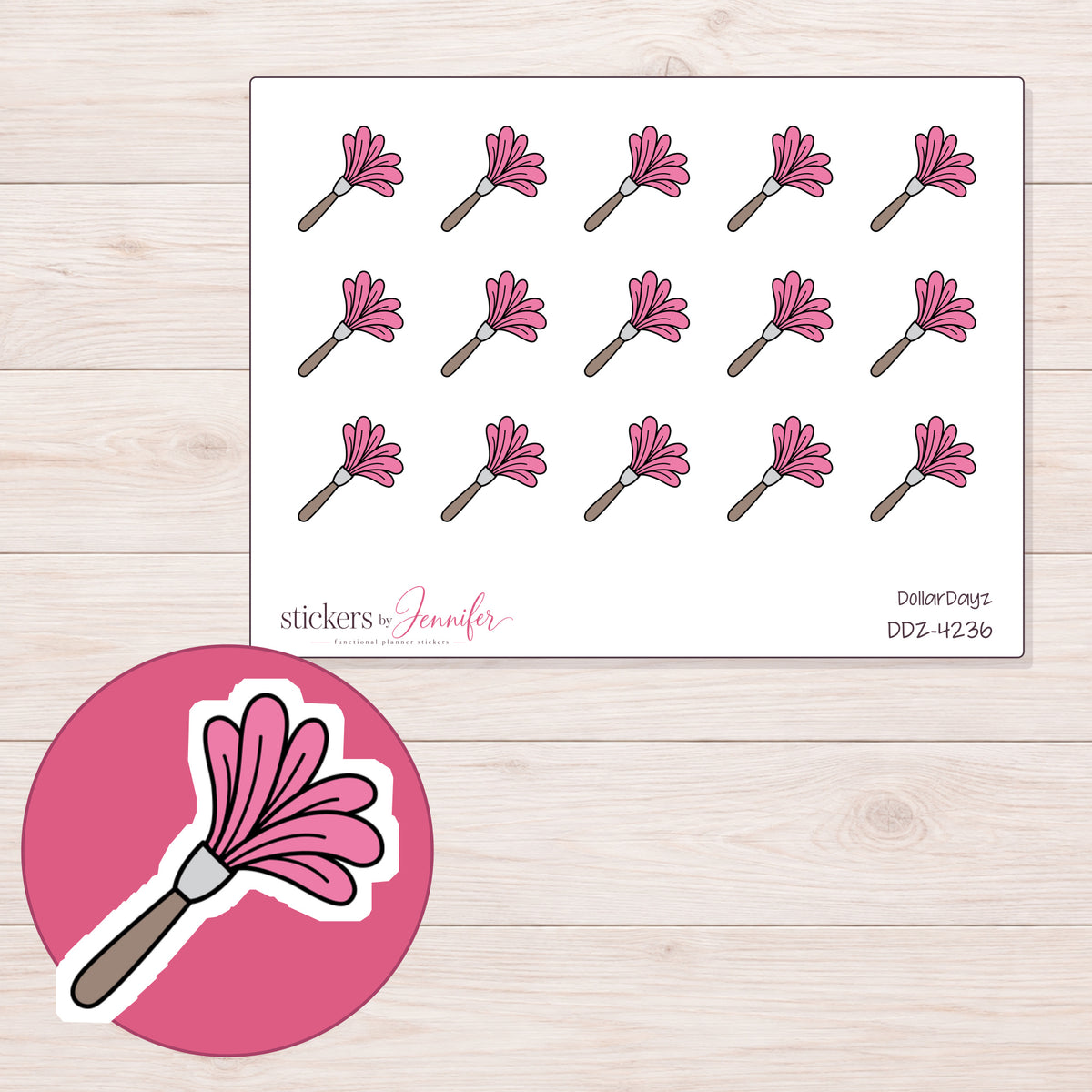 Pink Feather Duster Planner Stickers | DDZ-4236 — 4 × 3 inch sheet and enlarged sticker detail