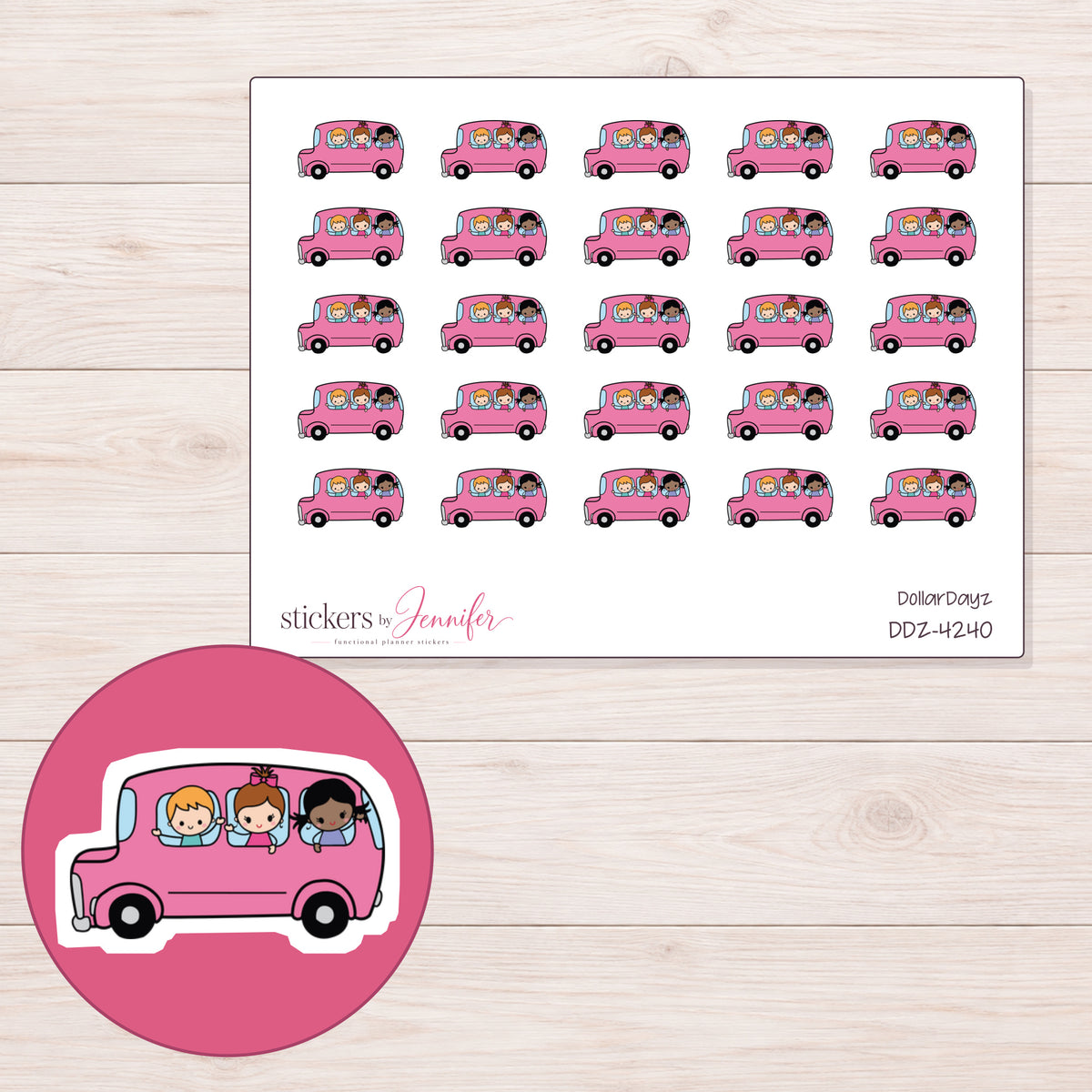 Pink School Trip Bus Planner Stickers | DDZ-4240 — 4 × 3 inch sheet and enlarged sticker detail