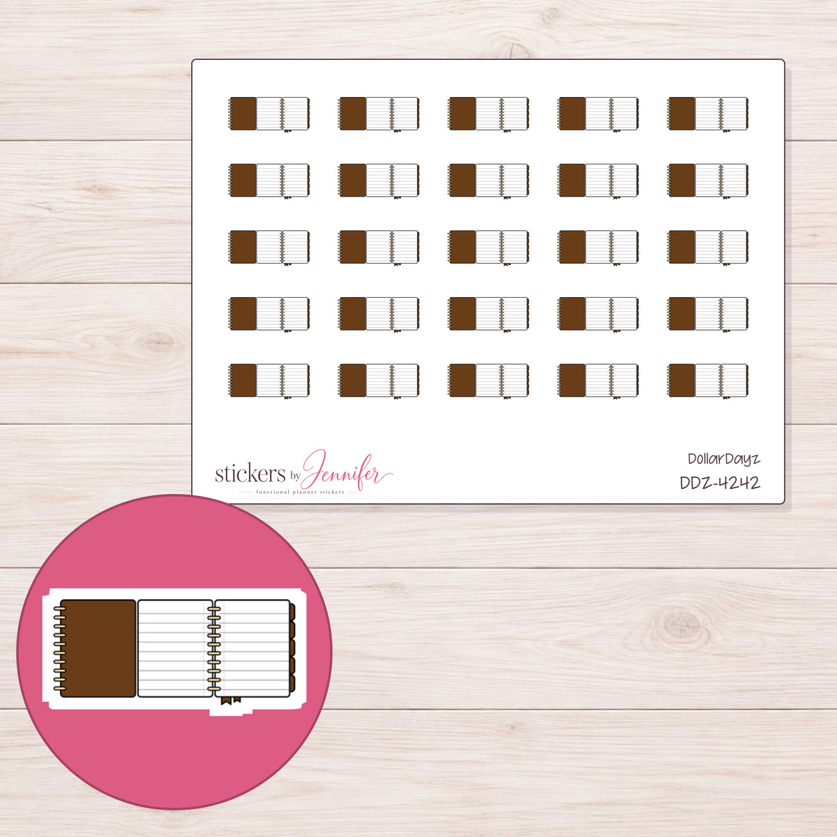 Brown Foldout Planner Stickers | DDZ-4242 — 4 × 3 inch sheet and enlarged sticker detail