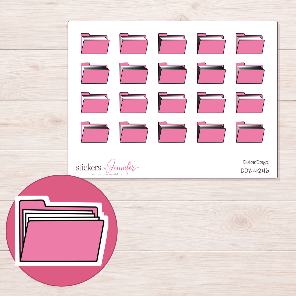 Pink File Folder Planner Stickers | DDZ-4246 — 4 × 3 inch sheet and enlarged sticker detail