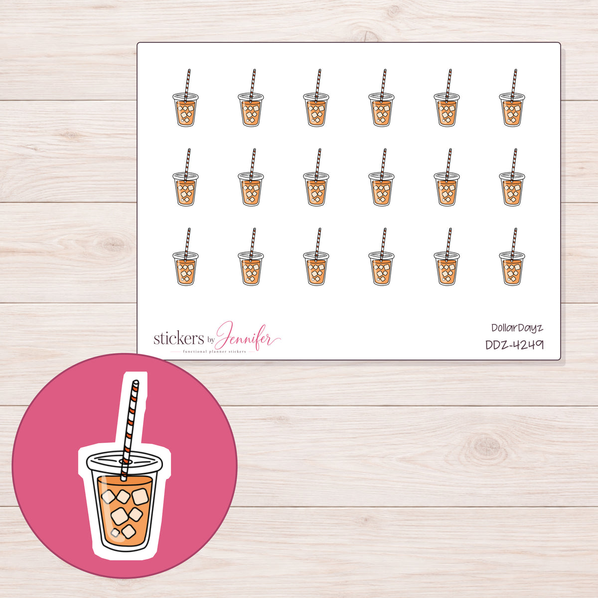 Amber Iced Tea Cup Planner Stickers | DDZ-4249 — 4 × 3 inch sheet and enlarged sticker detail