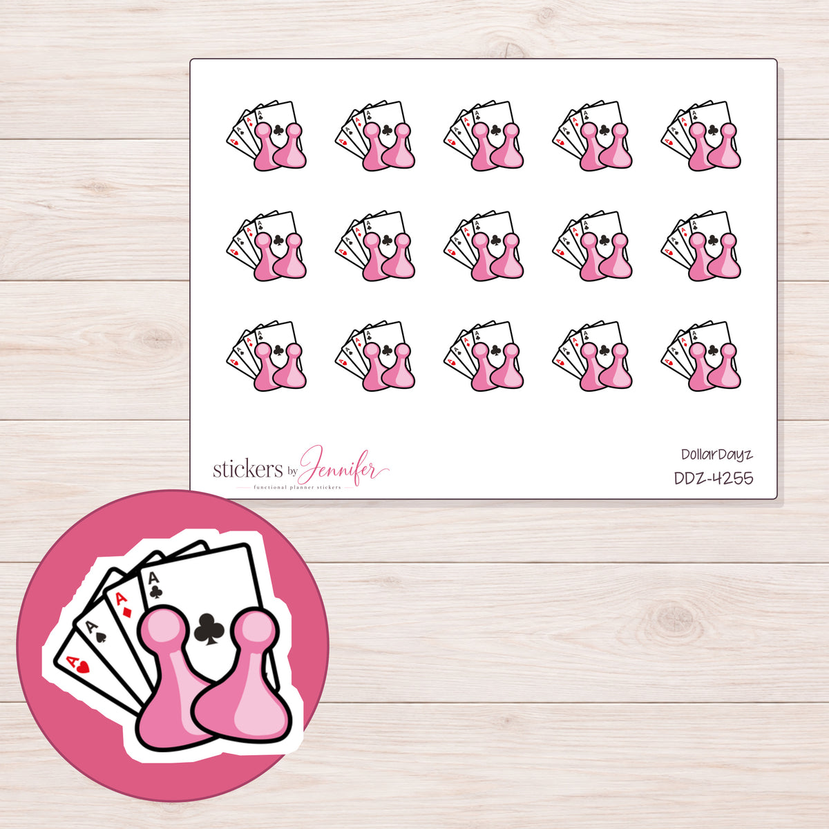 Pink Cards and Pawns Game Night Planner Stickers | DDZ-4255 — 4 × 3 inch sheet and enlarged sticker detail
