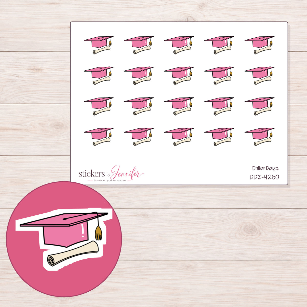 Pink Graduation Cap and Diploma Planner Stickers | DDZ-4260 — 4 × 3 inch sheet and enlarged sticker detail