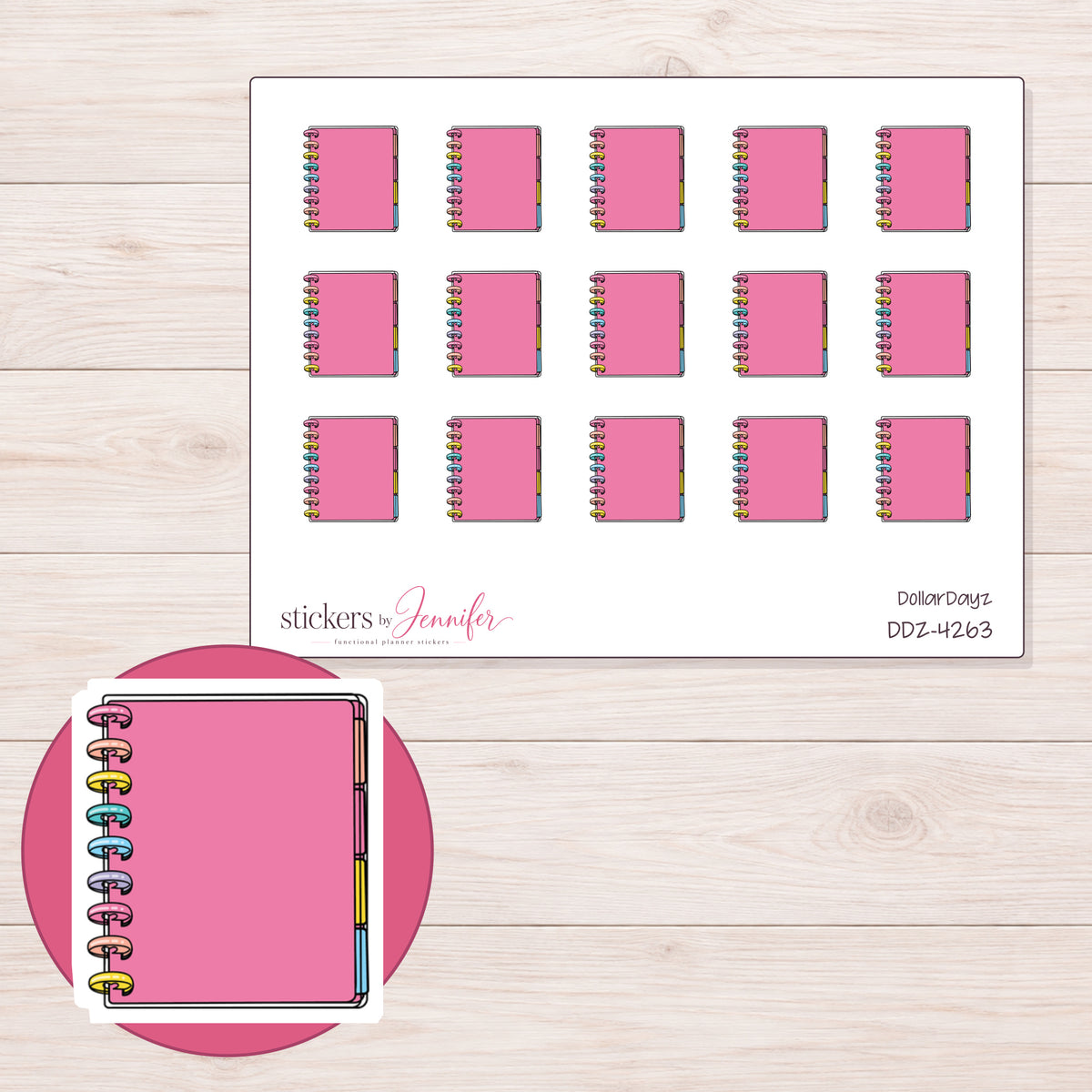 Pink Disc-Bound Planner Stickers | DDZ-4263 — 4 × 3 inch sheet and enlarged sticker detail