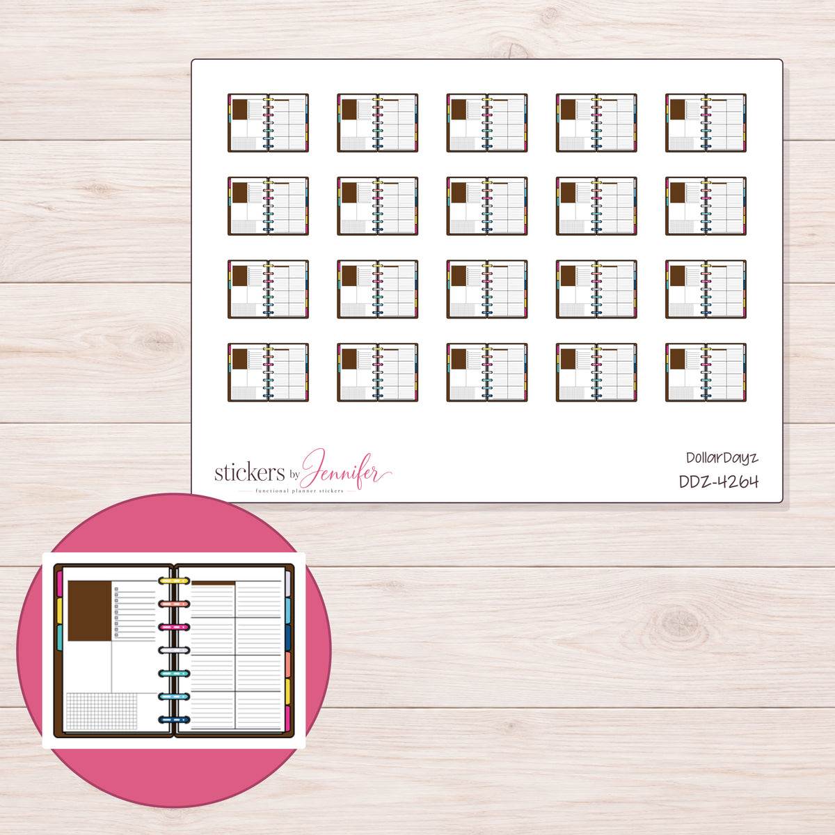 Open Brown Accent Disc Planner Stickers | DDZ-4264 — 4 × 3 inch sheet and enlarged sticker detail