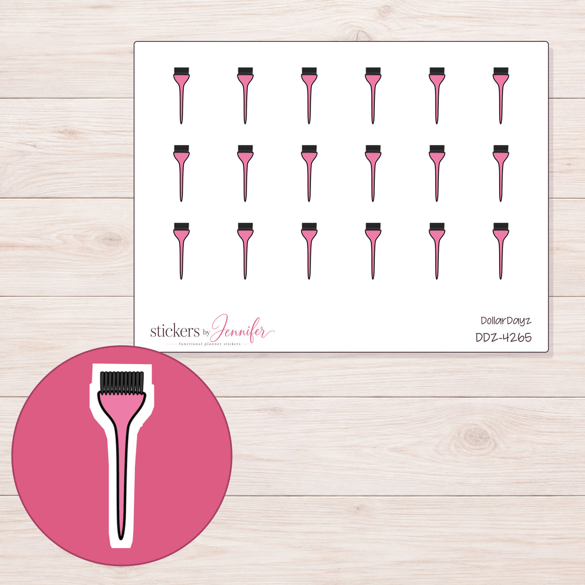 Pink Hair Color Brush Planner Stickers | DDZ-4265 — 4 × 3 inch sheet and enlarged sticker detail