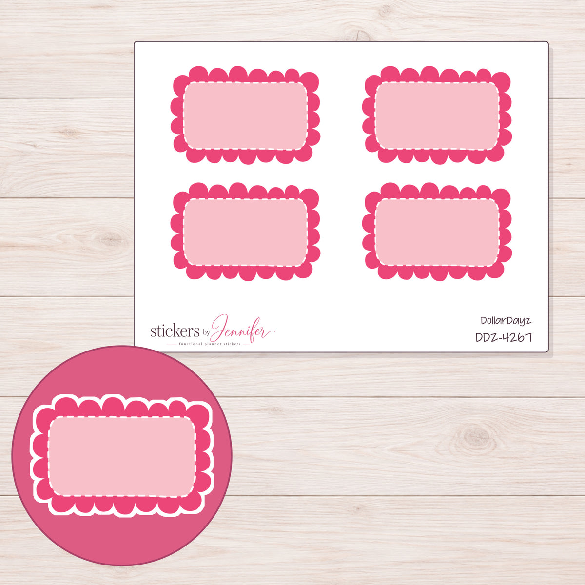 Pink Scalloped Half Box Label Planner Stickers | DDZ-4267 — 4 × 3 inch sheet and enlarged sticker detail