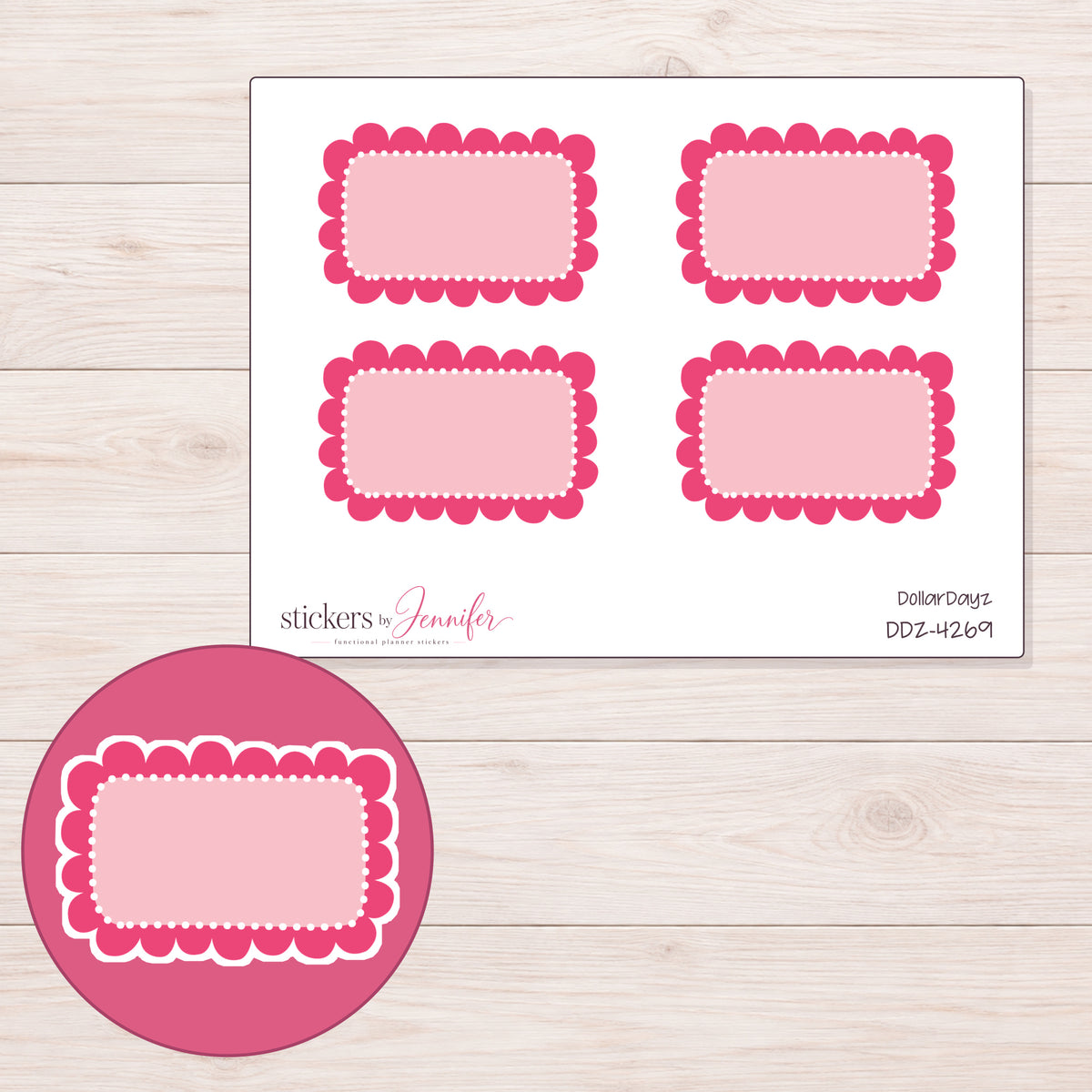 Pink Scallop and Dot Half Box Planner Stickers | DDZ-4269 — 4 × 3 inch sheet and enlarged sticker detail