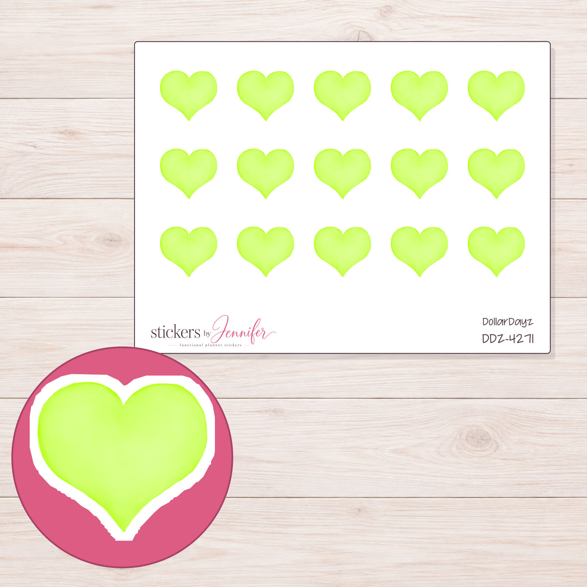 Lime Green Watercolor Heart Planner Stickers | DDZ-4271 — 4 × 3 inch sheet and enlarged sticker detail