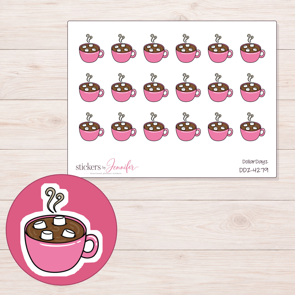 Pink Hot Chocolate Mug Planner Stickers | DDZ-4279 — 4 × 3 inch sheet and enlarged sticker detail