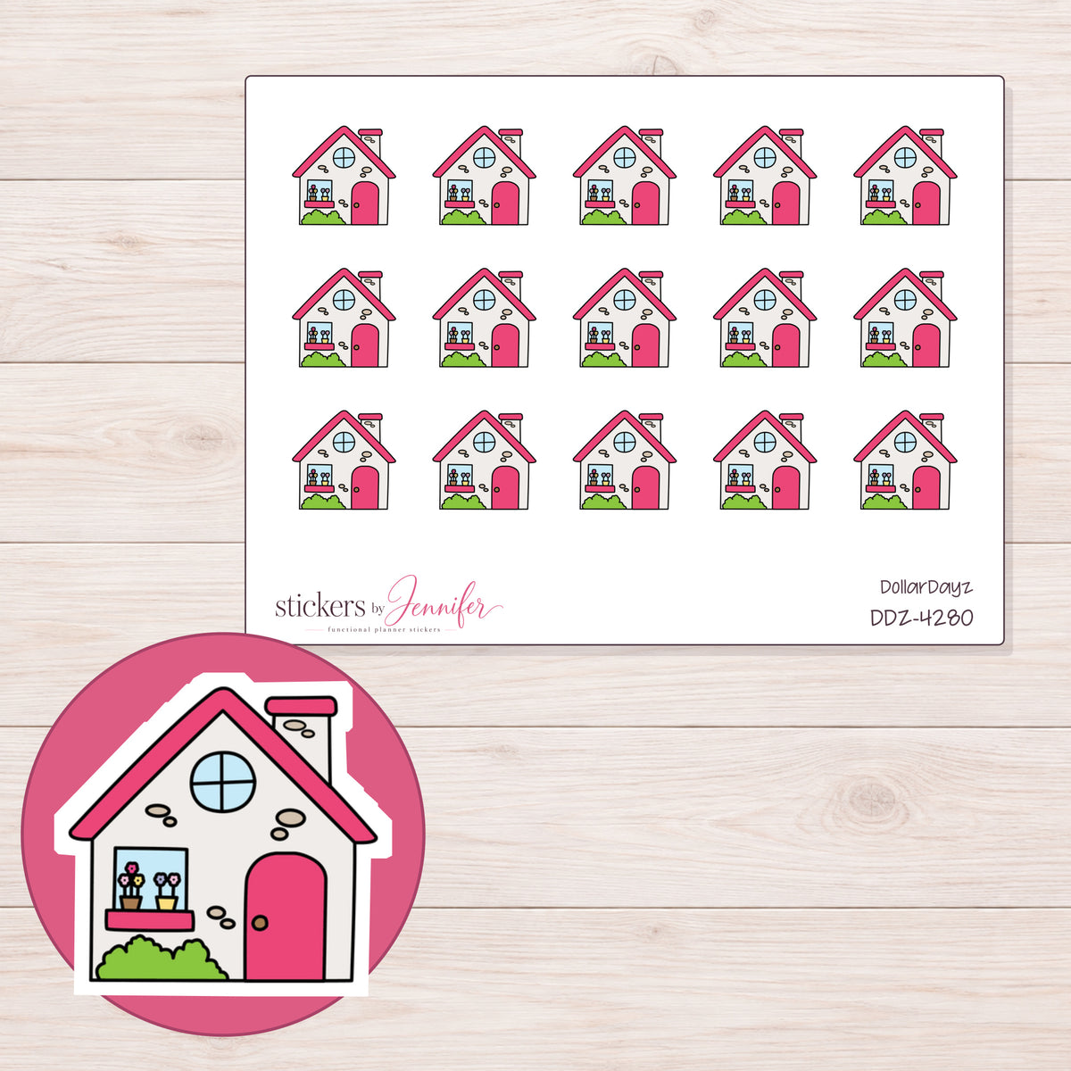 Pink Roof House Planner Stickers | DDZ-4280 — 4 × 3 inch sheet and enlarged sticker detail