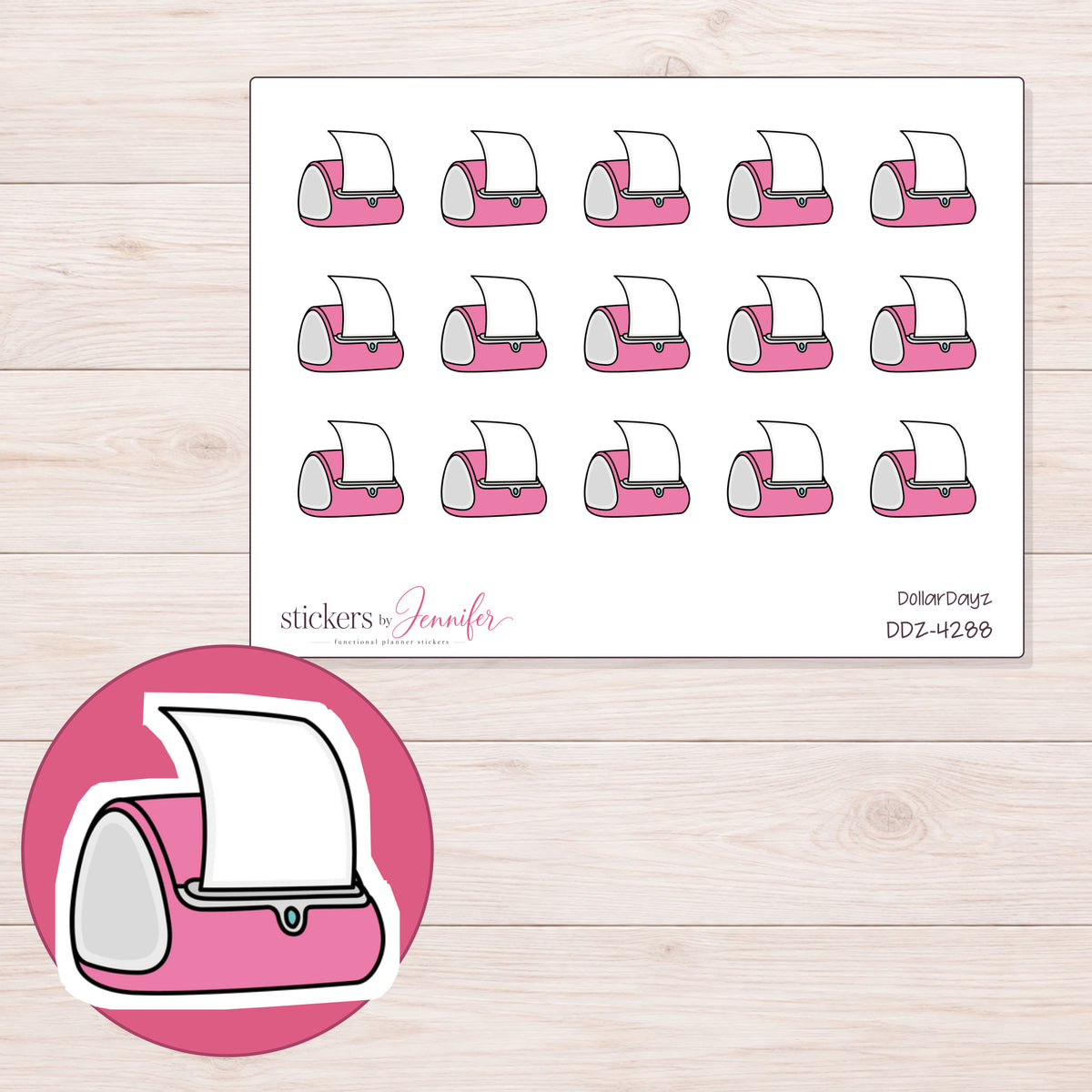 Pink Label Printer Planner Stickers | DDZ-4288 — 4 × 3 inch sheet and enlarged sticker detail