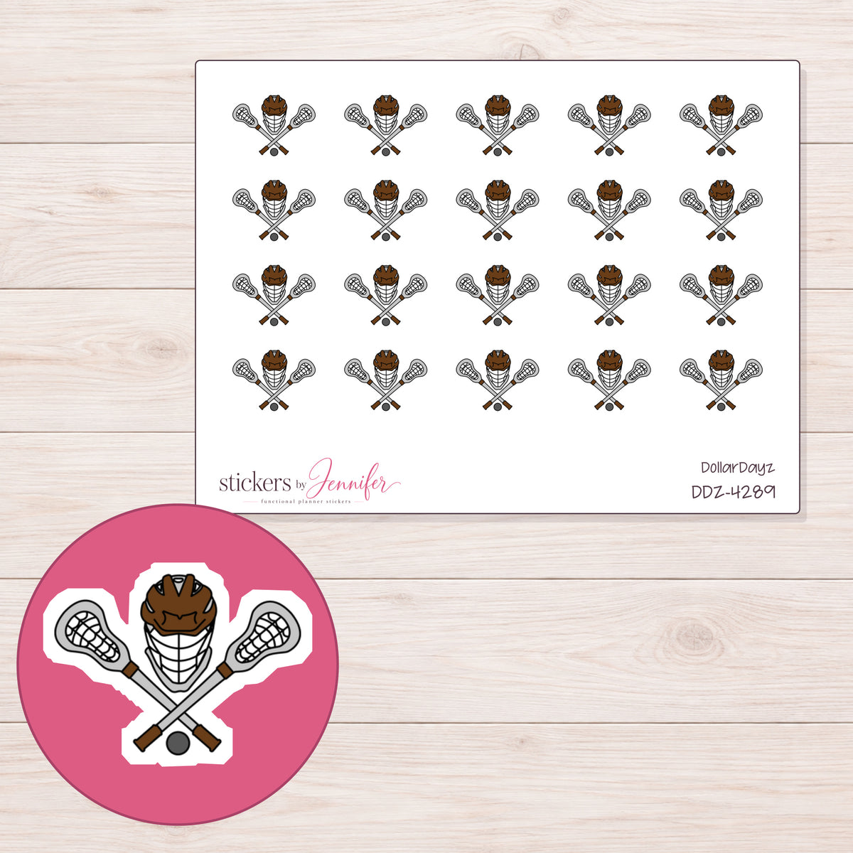 Lacrosse Sticks and Helmet Planner Stickers | DDZ-4289 — 4 × 3 inch sheet and enlarged sticker detail