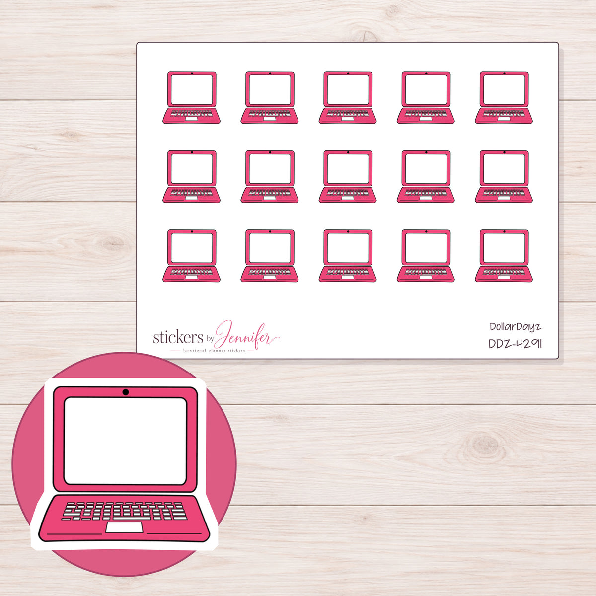 Pink Doodle Laptop Planner Stickers | DDZ-4291 — 4 × 3 inch sheet and enlarged sticker detail