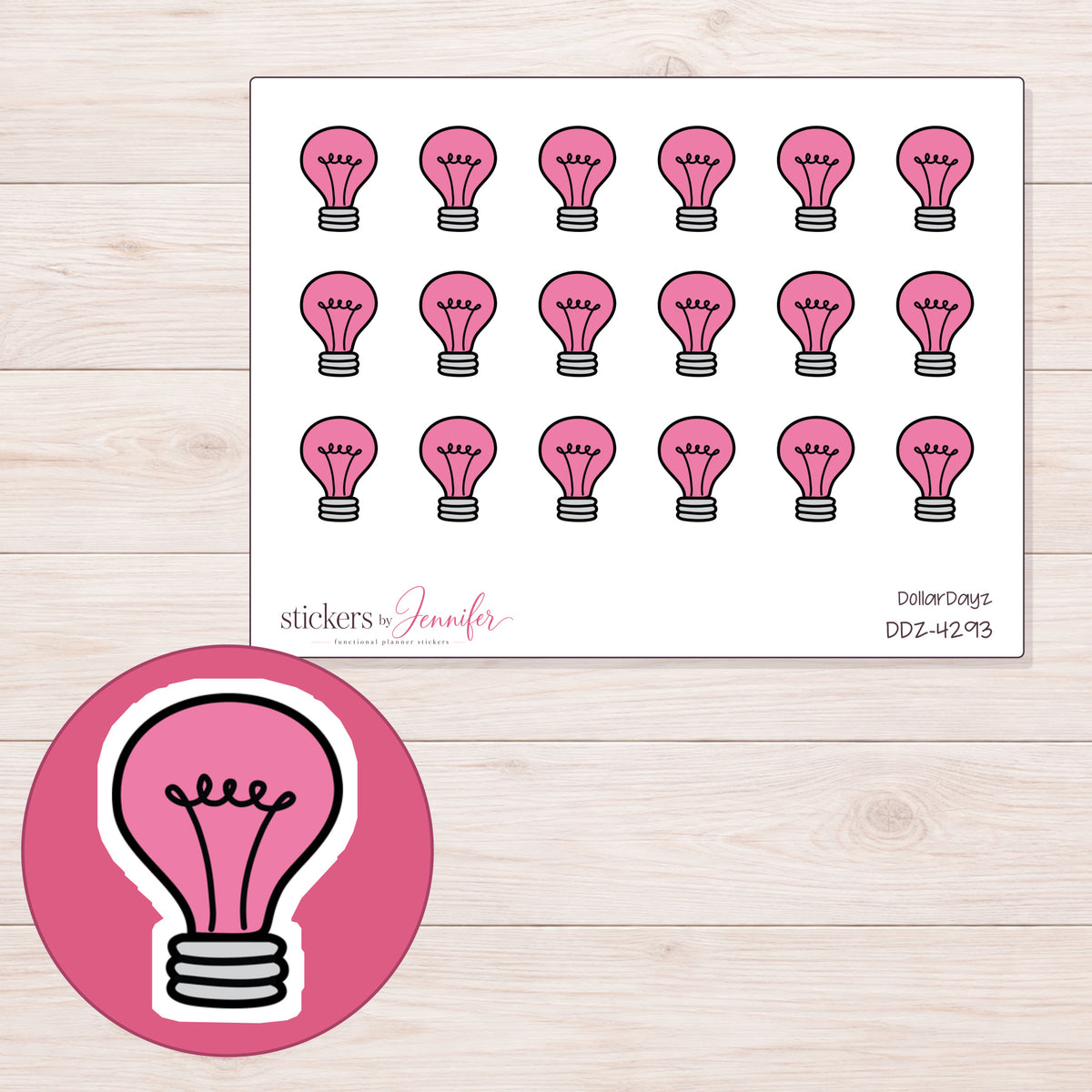 Pink Light Bulb Planner Stickers | DDZ-4293 — 4 × 3 inch sheet and enlarged sticker detail