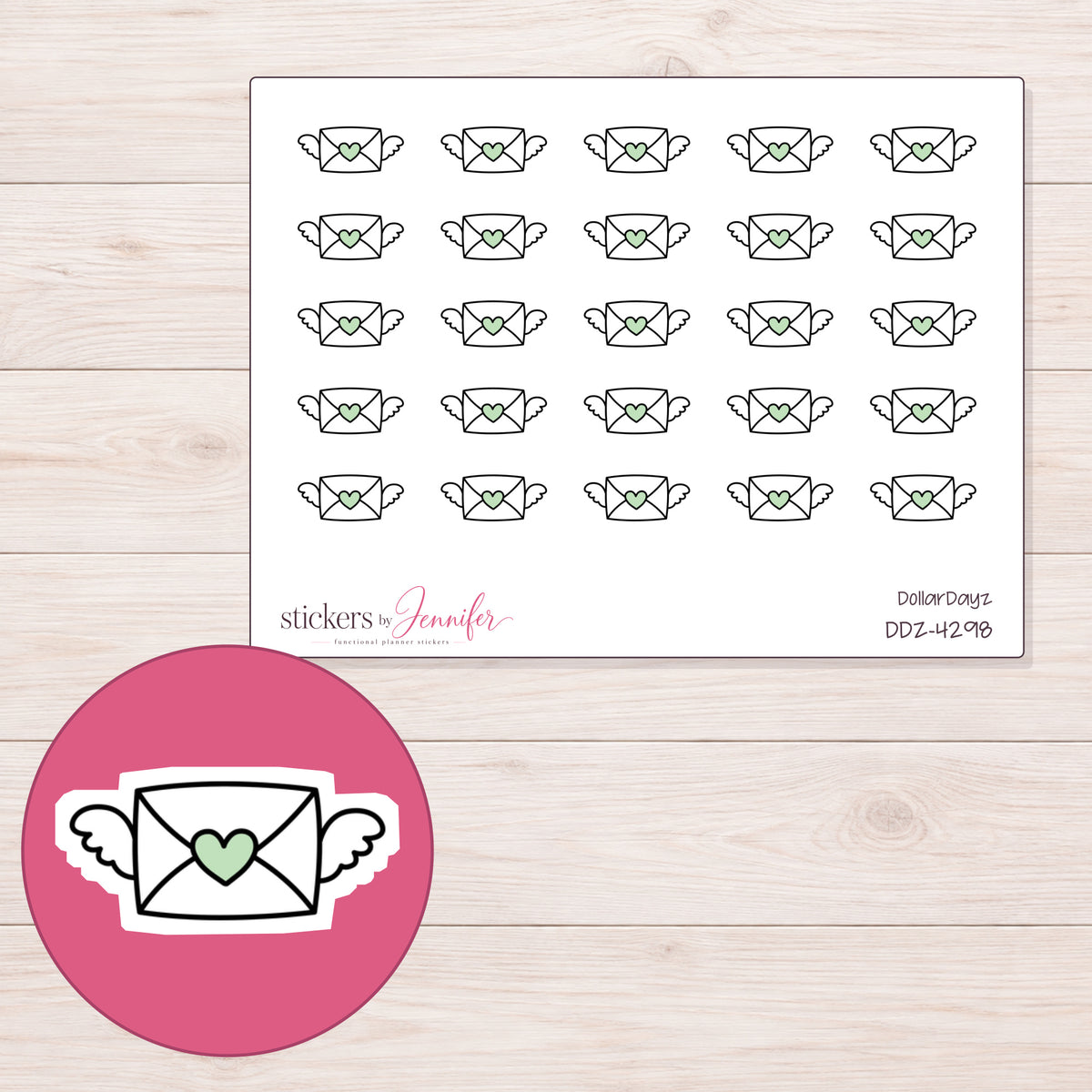 Mint Heart Envelope Planner Stickers | DDZ-4298 — 4 × 3 inch sheet and enlarged sticker detail