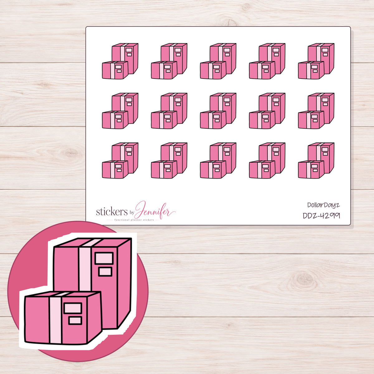Pink Parcel Boxes Planner Stickers | DDZ-4299 — 4 × 3 inch sheet and enlarged sticker detail