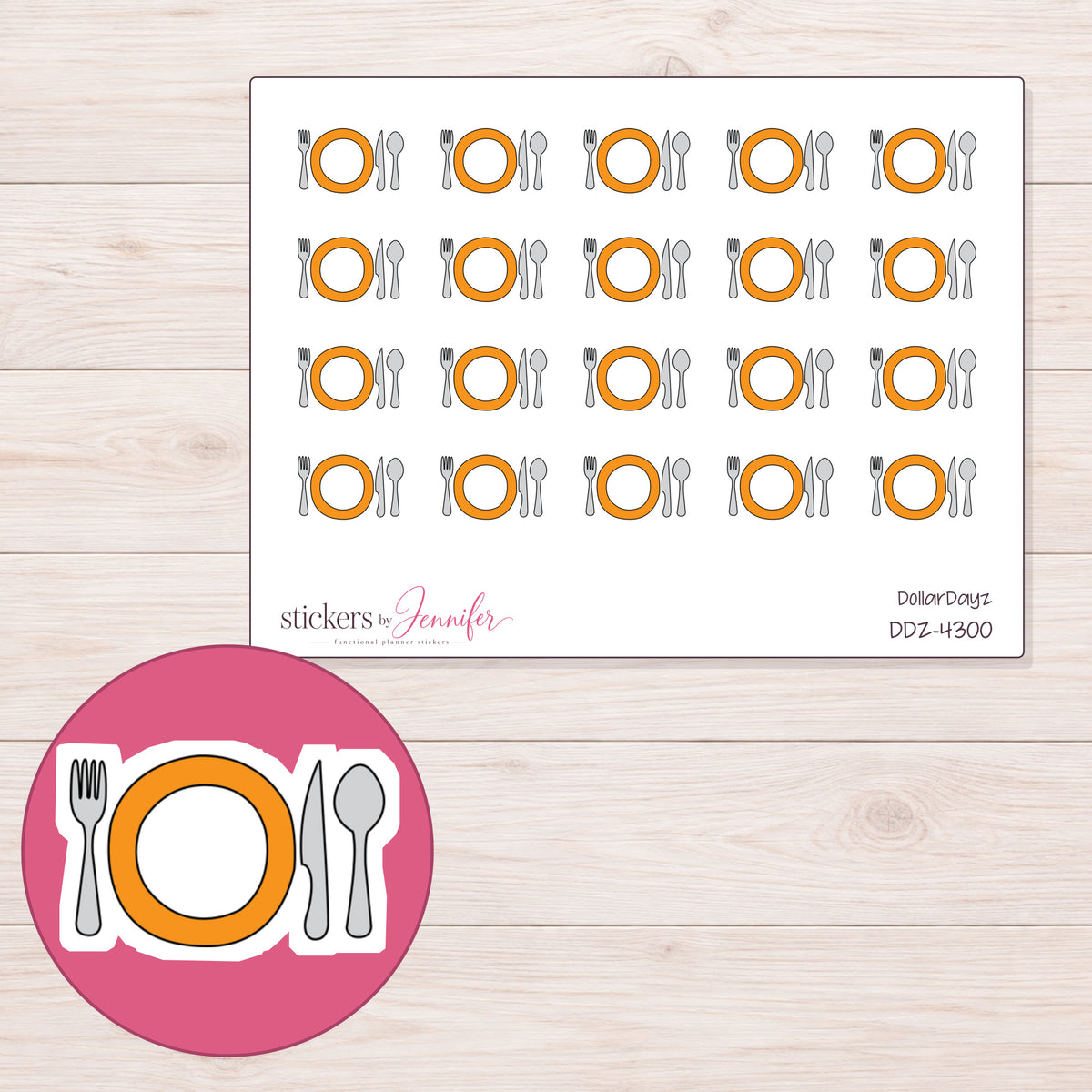 Orange Plate and Cutlery Planner Stickers | DDZ-4300 — 4 × 3 inch sheet and enlarged sticker detail